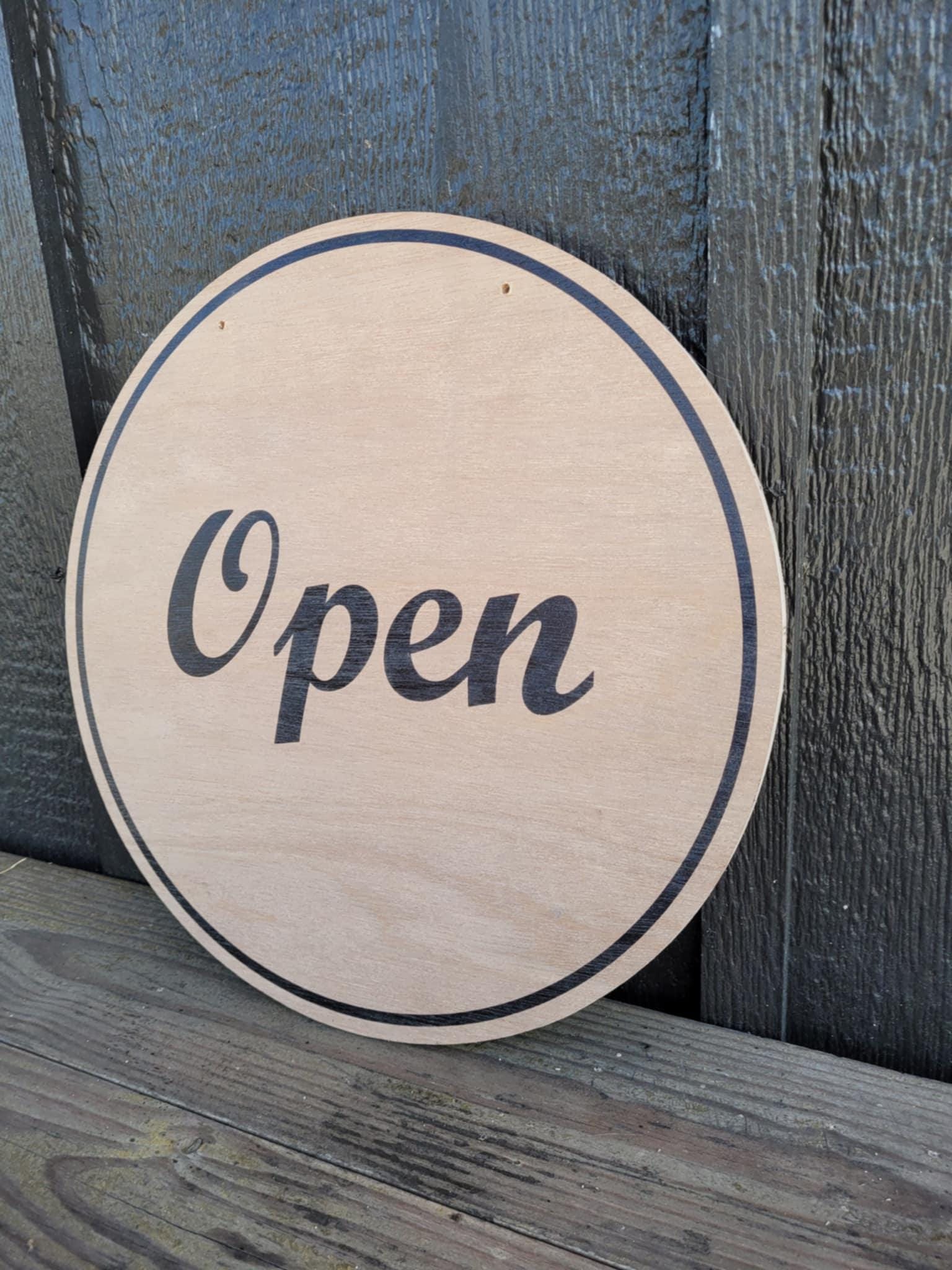 Open Window Hanging Small Business UV Wood Sign Commercial Signage Door Out Front Shop Round Circle Simple Modern Double sided