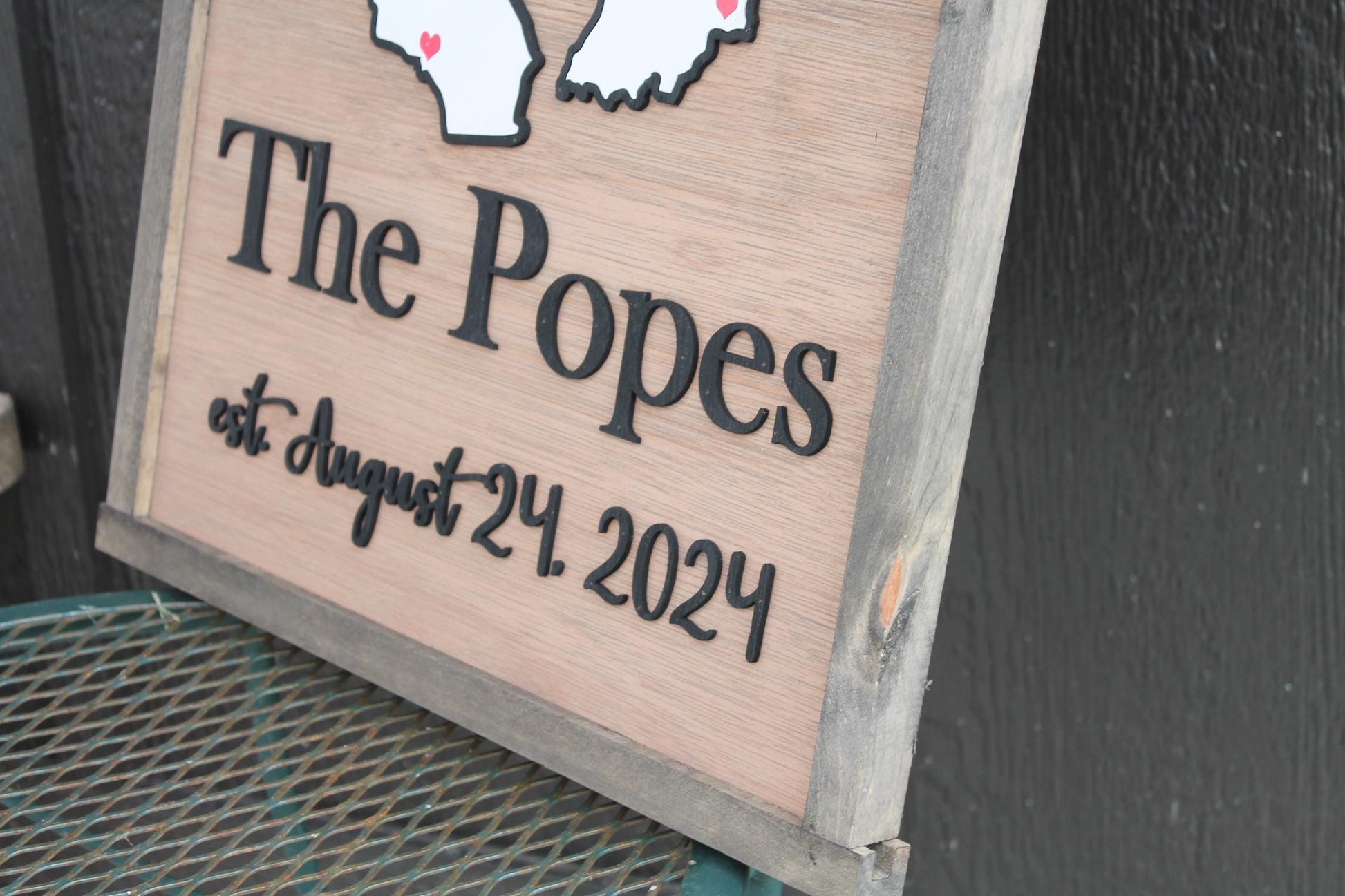 Your Last Name Wood Sign Two States Coming Together Travel 3D Raised Text Location Custom Personalized Your State Established Marriage