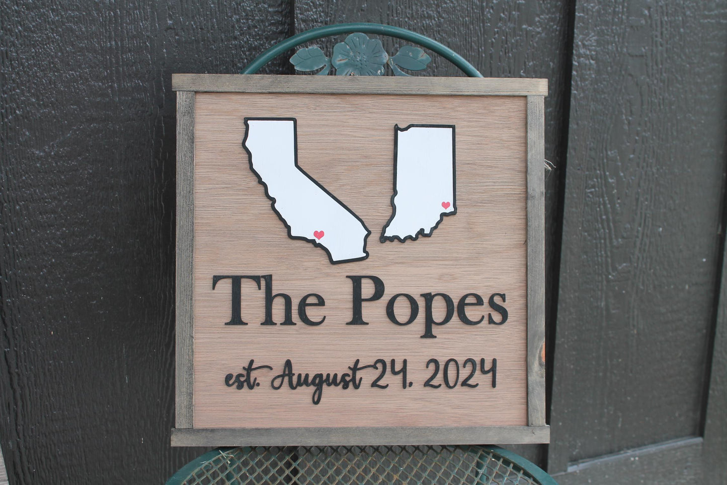 Your Last Name Wood Sign Two States Coming Together Travel 3D Raised Text Location Custom Personalized Your State Established Marriage