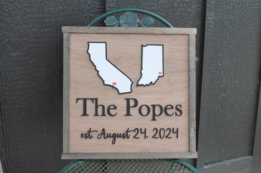 Your Last Name Wood Sign Two States Coming Together Travel 3D Raised Text Location Custom Personalized Your State Established Marriage