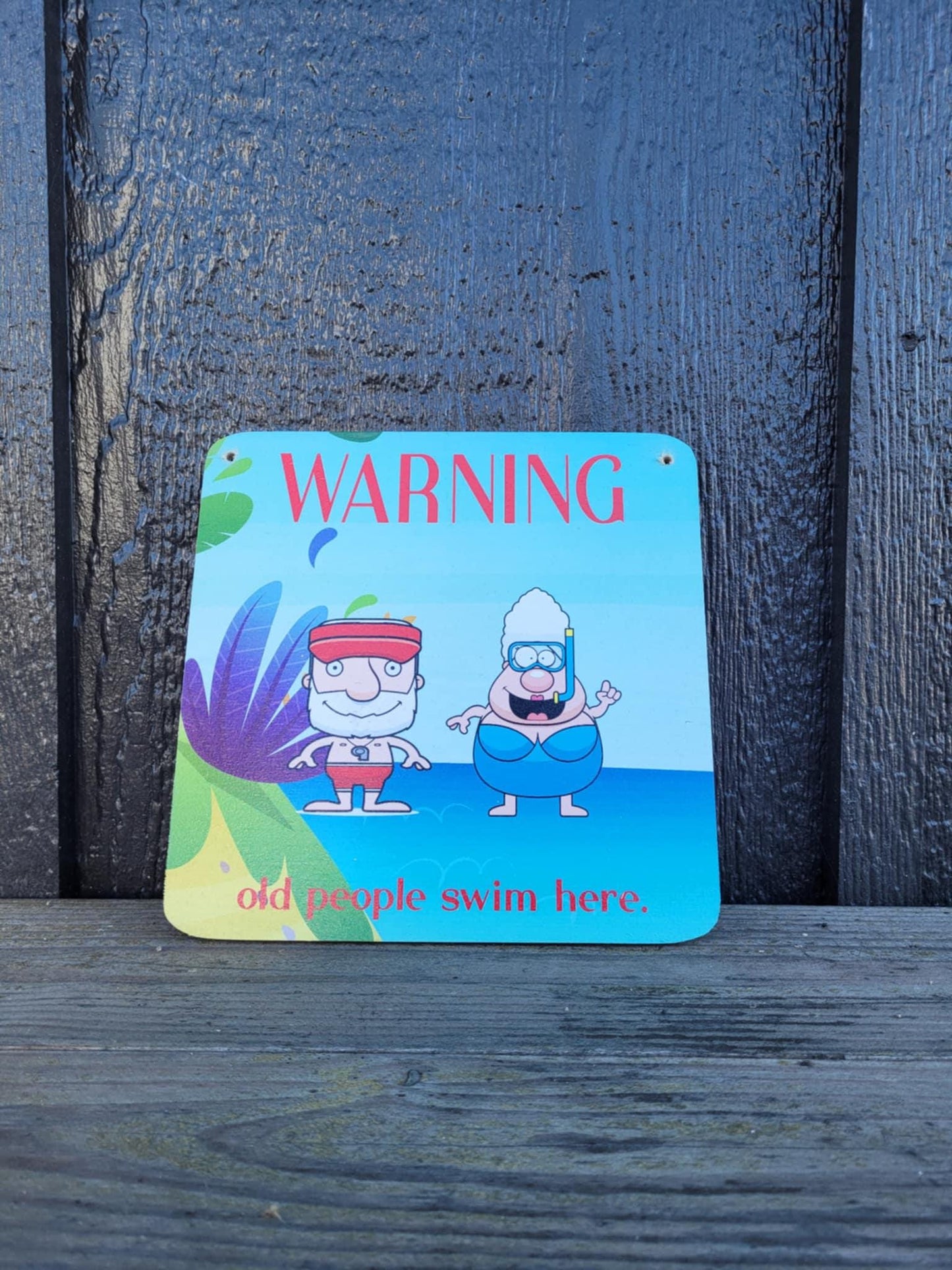 Warning Old People Swim Here Decorative Cute UV Wood Sign Caution Swimming Pool Activities Beach Shenanigans Funny Older Folk Humorous
