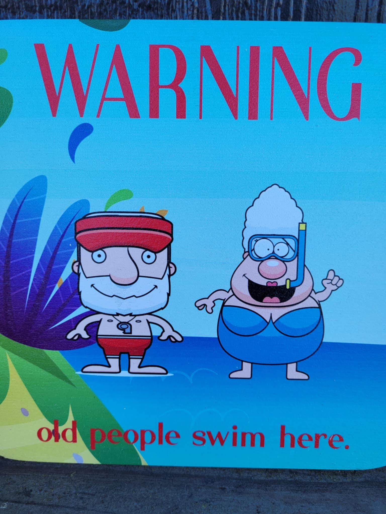 Warning Old People Swim Here Decorative Cute UV Wood Sign Caution Swimming Pool Activities Beach Shenanigans Funny Older Folk Humorous