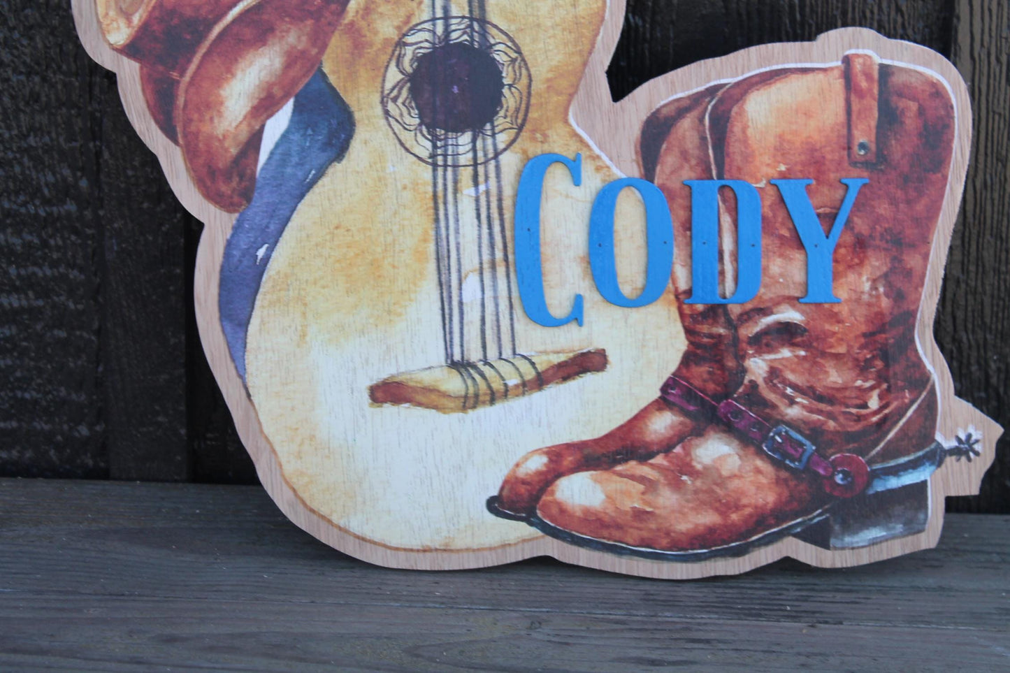 Custom Western Country Your Name Hanging Dorm Door Personalized Sign Contour Cut Wood Guitar Boots Cowboy Hat Nursery Sign Kids Room