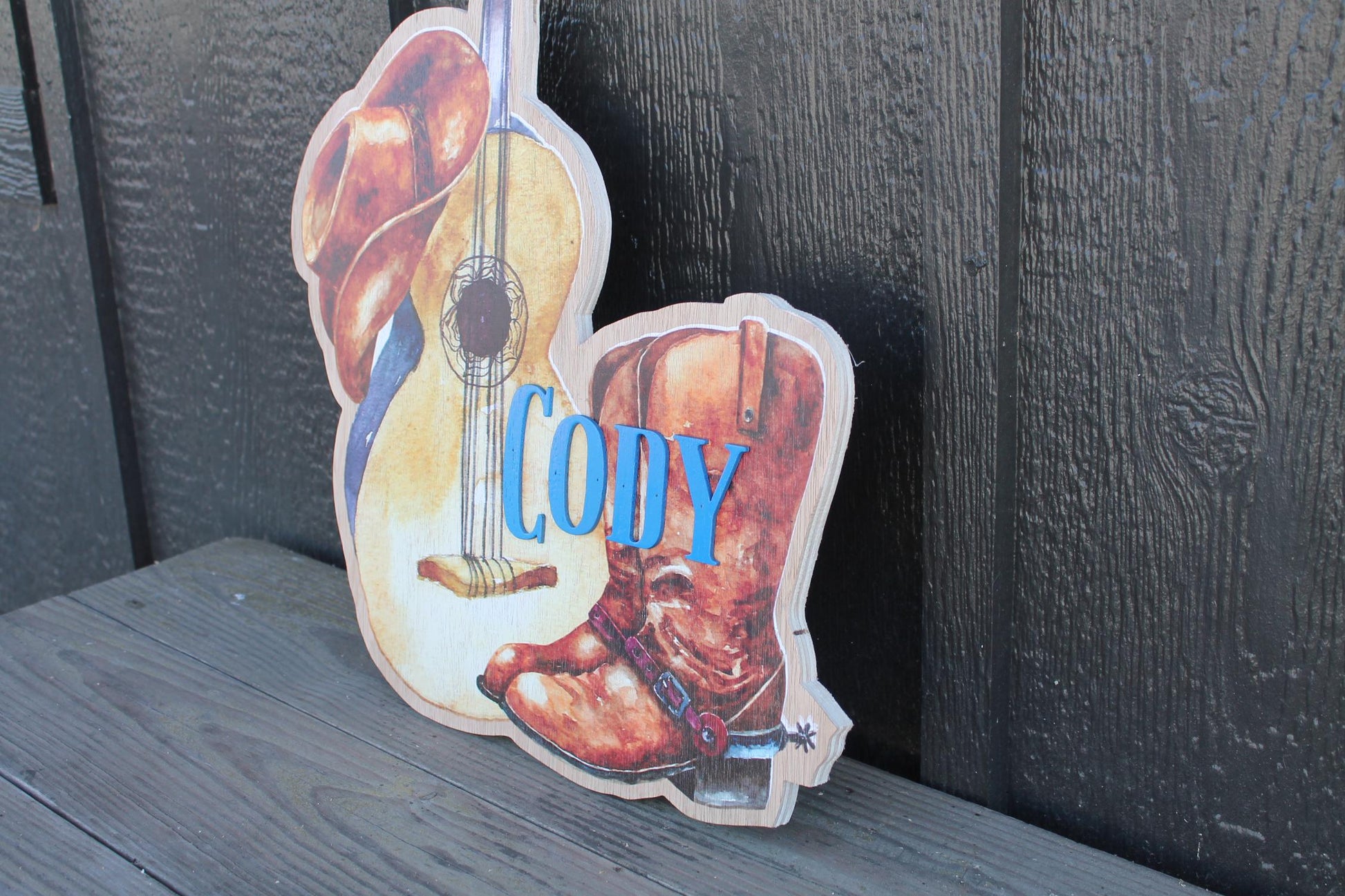 Custom Western Country Your Name Hanging Dorm Door Personalized Sign Contour Cut Wood Guitar Boots Cowboy Hat Nursery Sign Kids Room