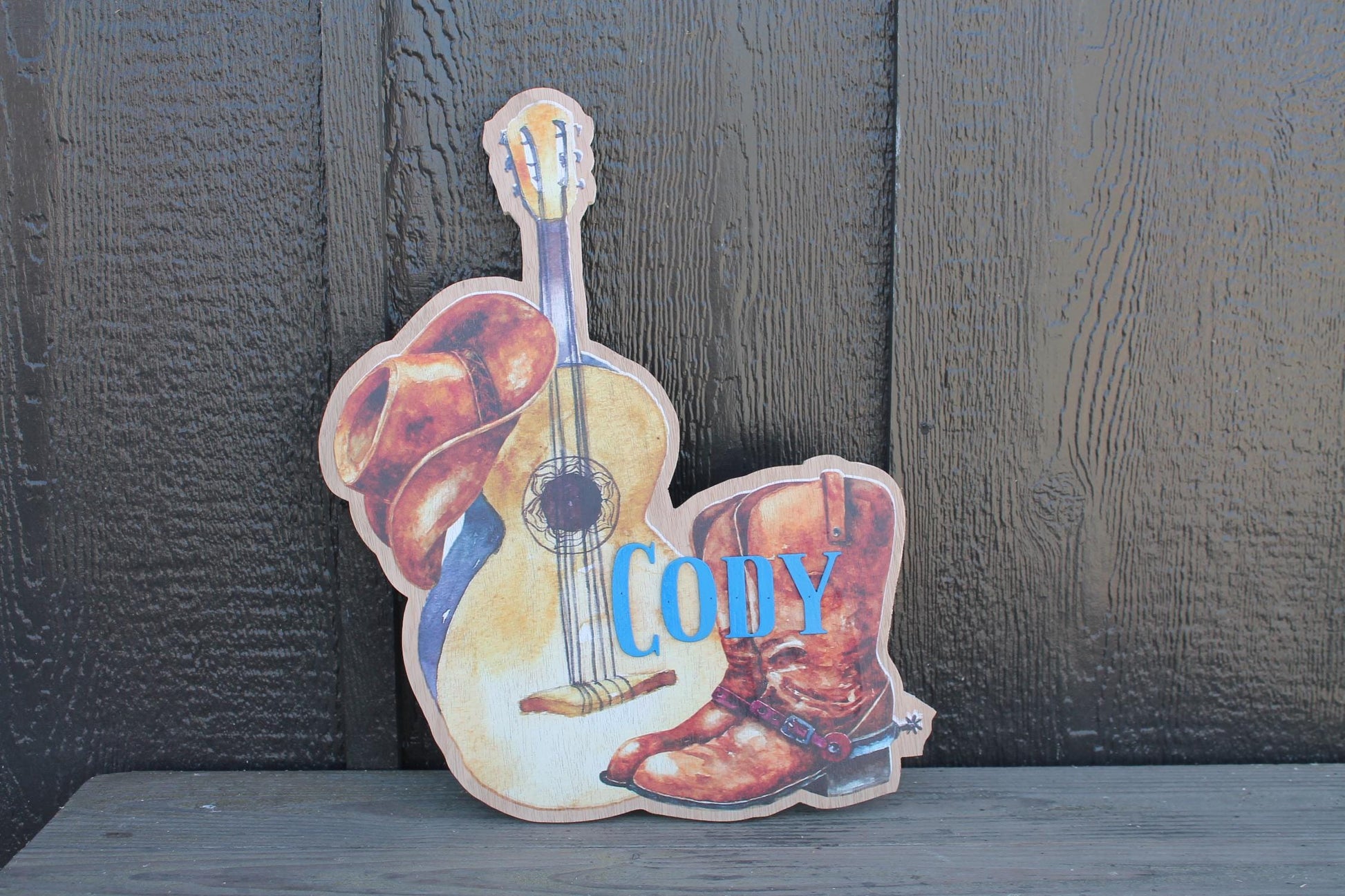 Custom Western Country Your Name Hanging Dorm Door Personalized Sign Contour Cut Wood Guitar Boots Cowboy Hat Nursery Sign Kids Room