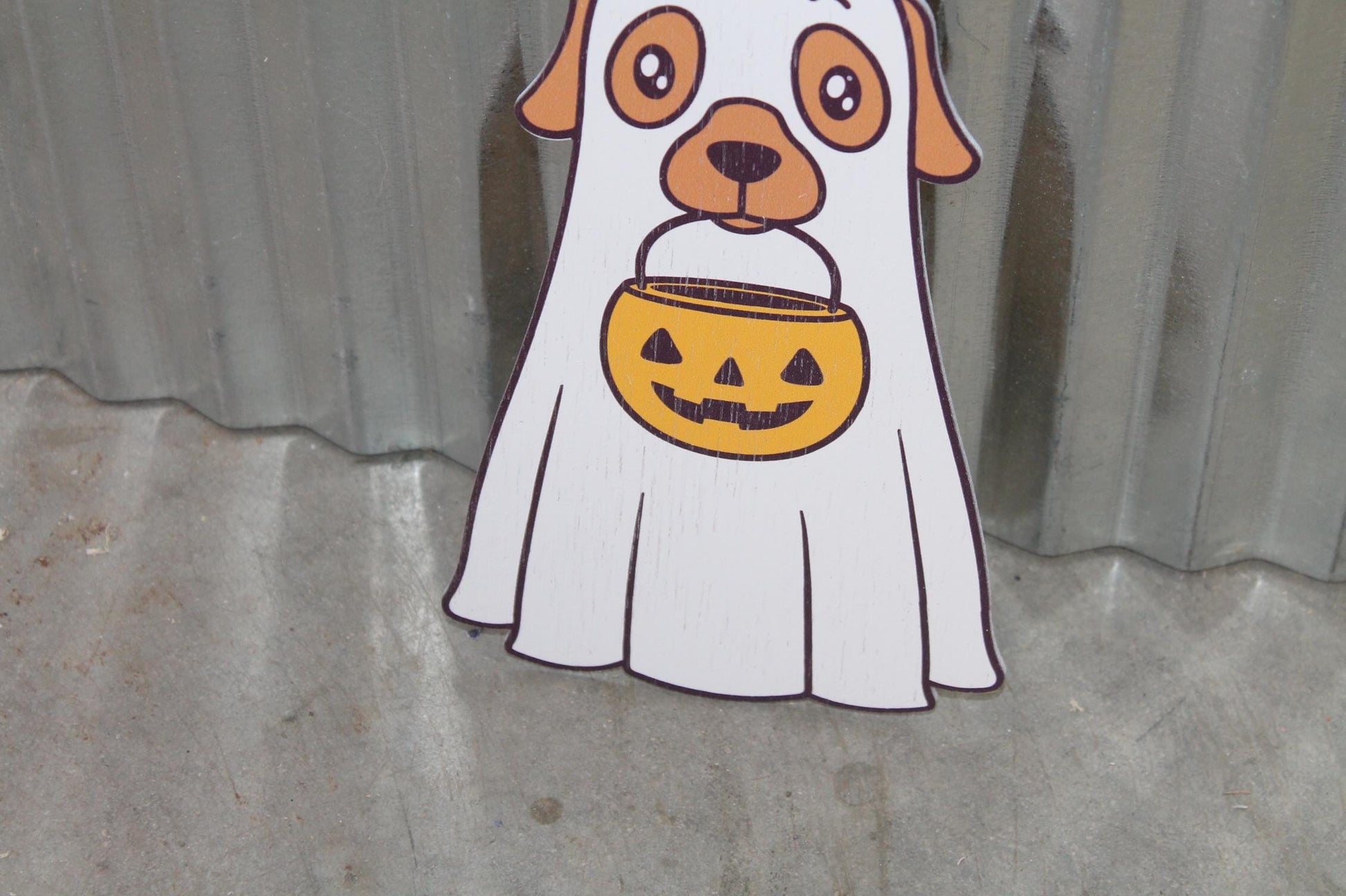 Ghost Dog Costume Cute Lab Golden Retriever Jack-o'-lantern Boo Window Hanging Decorative UV Wood Sign Adorable Signage Halloween Candy