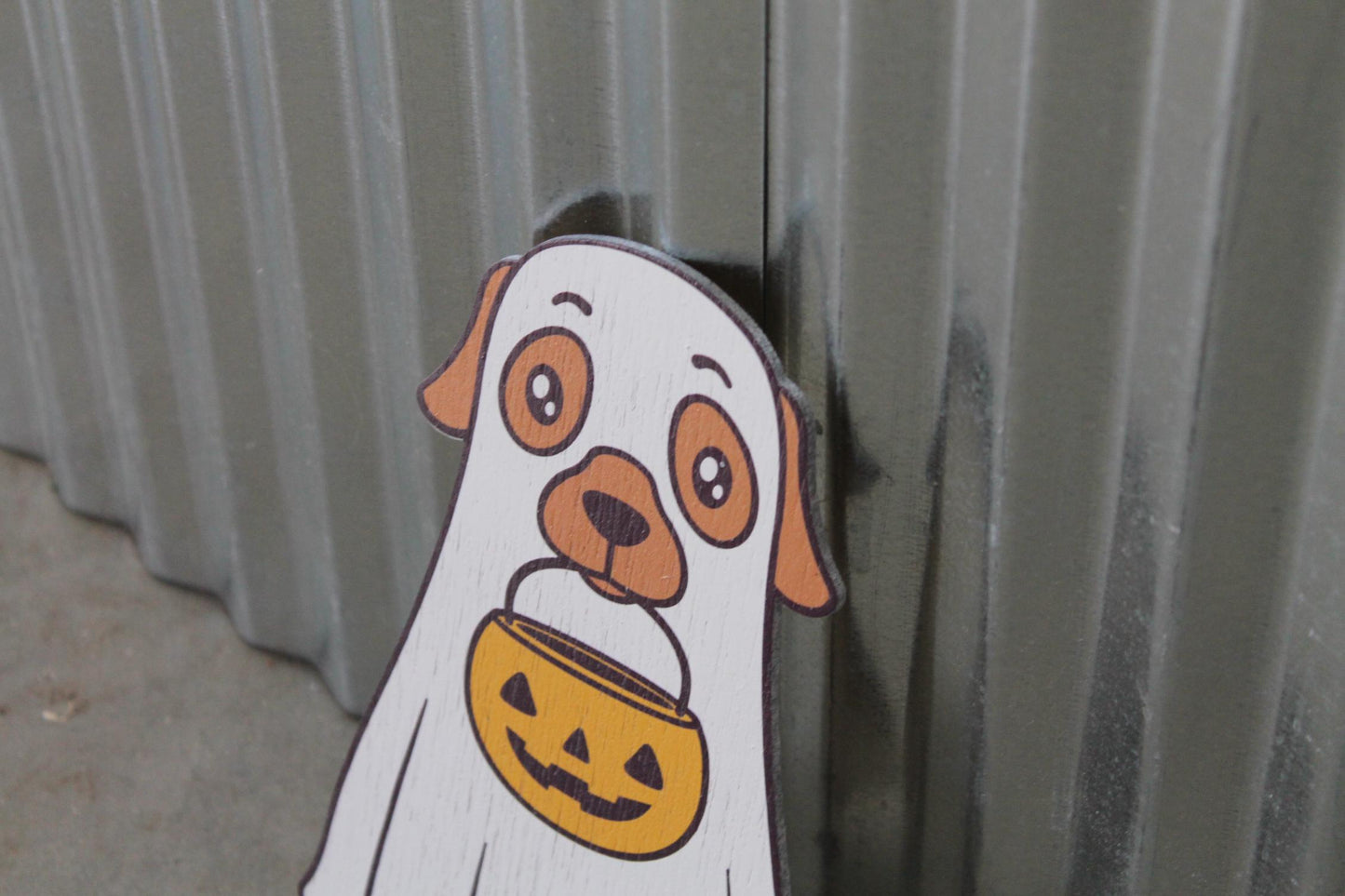Ghost Dog Costume Cute Lab Golden Retriever Jack-o'-lantern Boo Window Hanging Decorative UV Wood Sign Adorable Signage Halloween Candy