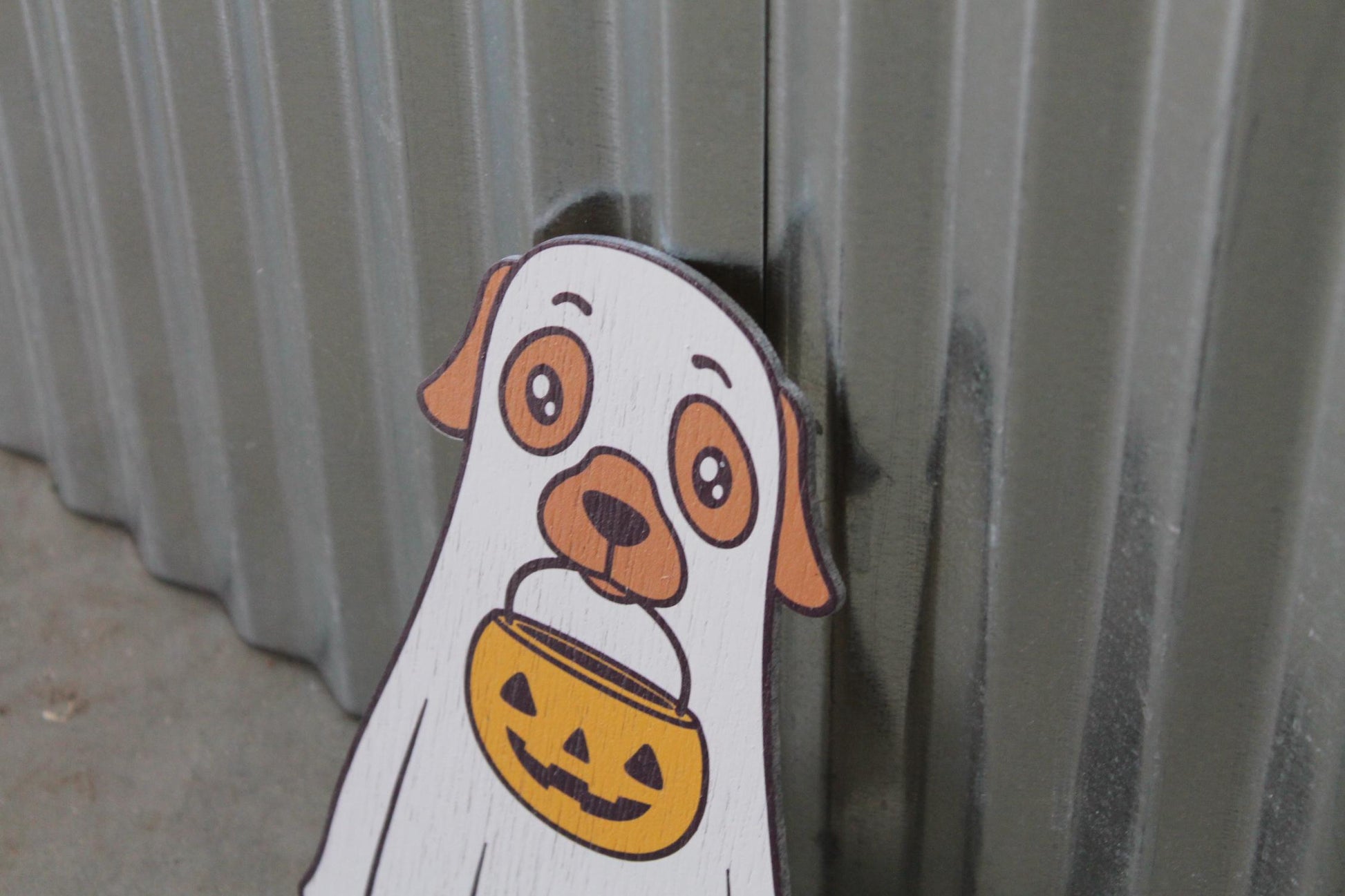Ghost Dog Costume Cute Lab Golden Retriever Jack-o'-lantern Boo Window Hanging Decorative UV Wood Sign Adorable Signage Halloween Candy