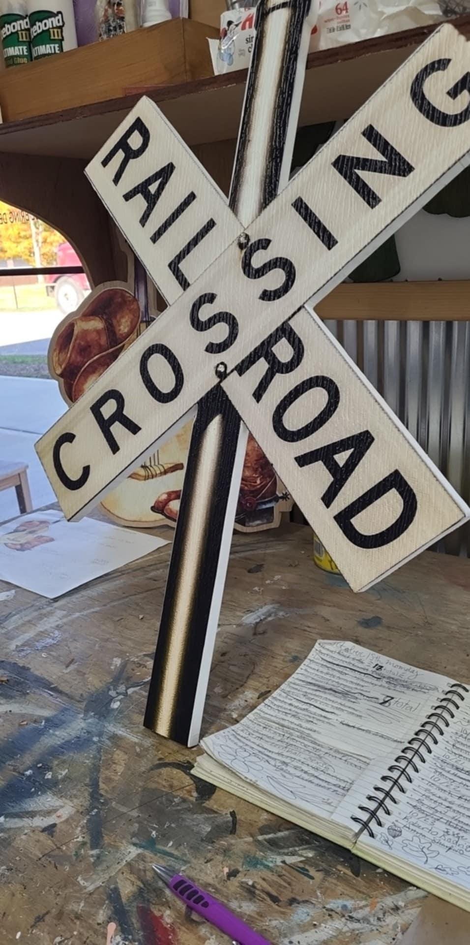 Contour Cut Rail Road Crossing Large Outdoor Weather Proof PVC Textured Woodgrain Train Cross X Caution Slow Beware Railroad Tracks