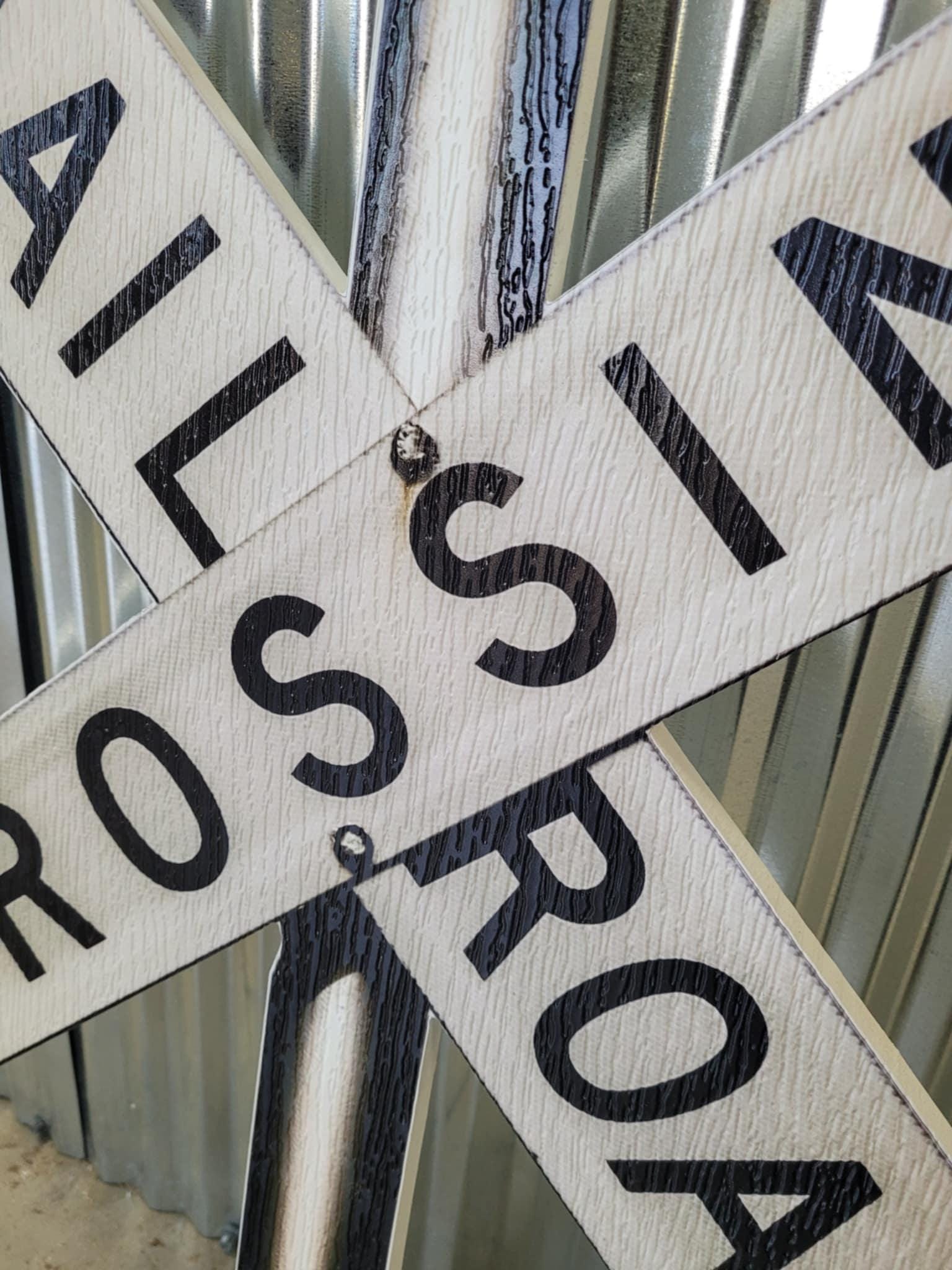 Contour Cut Rail Road Crossing Large Outdoor Weather Proof PVC Textured Woodgrain Train Cross X Caution Slow Beware Railroad Tracks