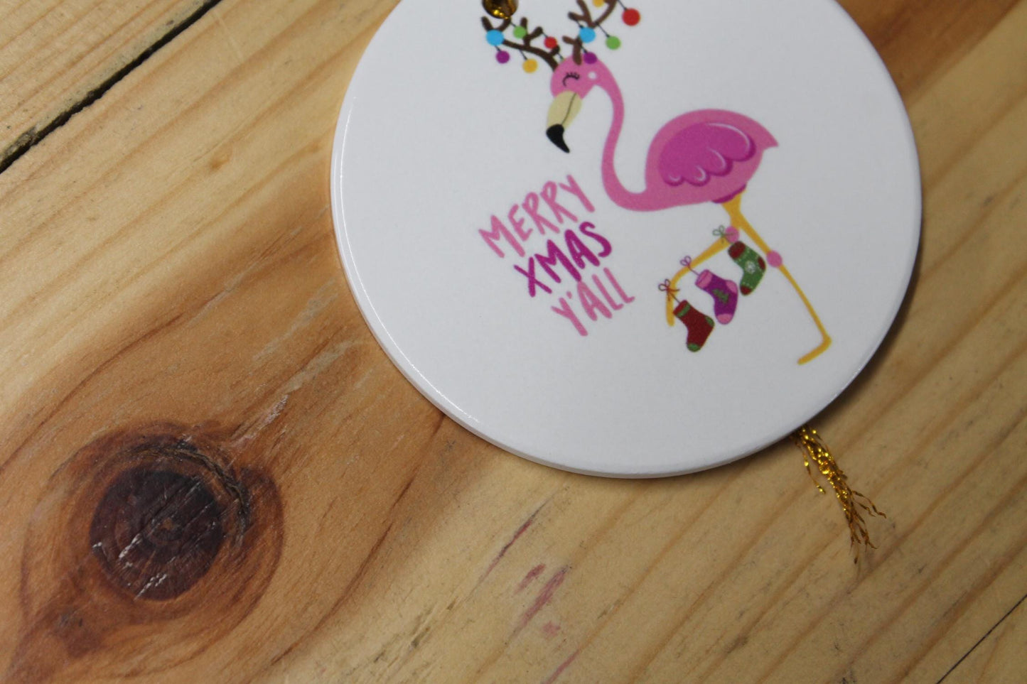 Merry XMas Yall Flamingo Holiday Ceramic Christmas tree Decoration Animal Ornament Decor Circle Gift Hanging Circle Bird Beach Bird Ocean