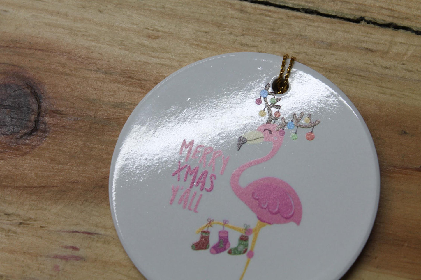 Merry XMas Yall Flamingo Holiday Ceramic Christmas tree Decoration Animal Ornament Decor Circle Gift Hanging Circle Bird Beach Bird Ocean