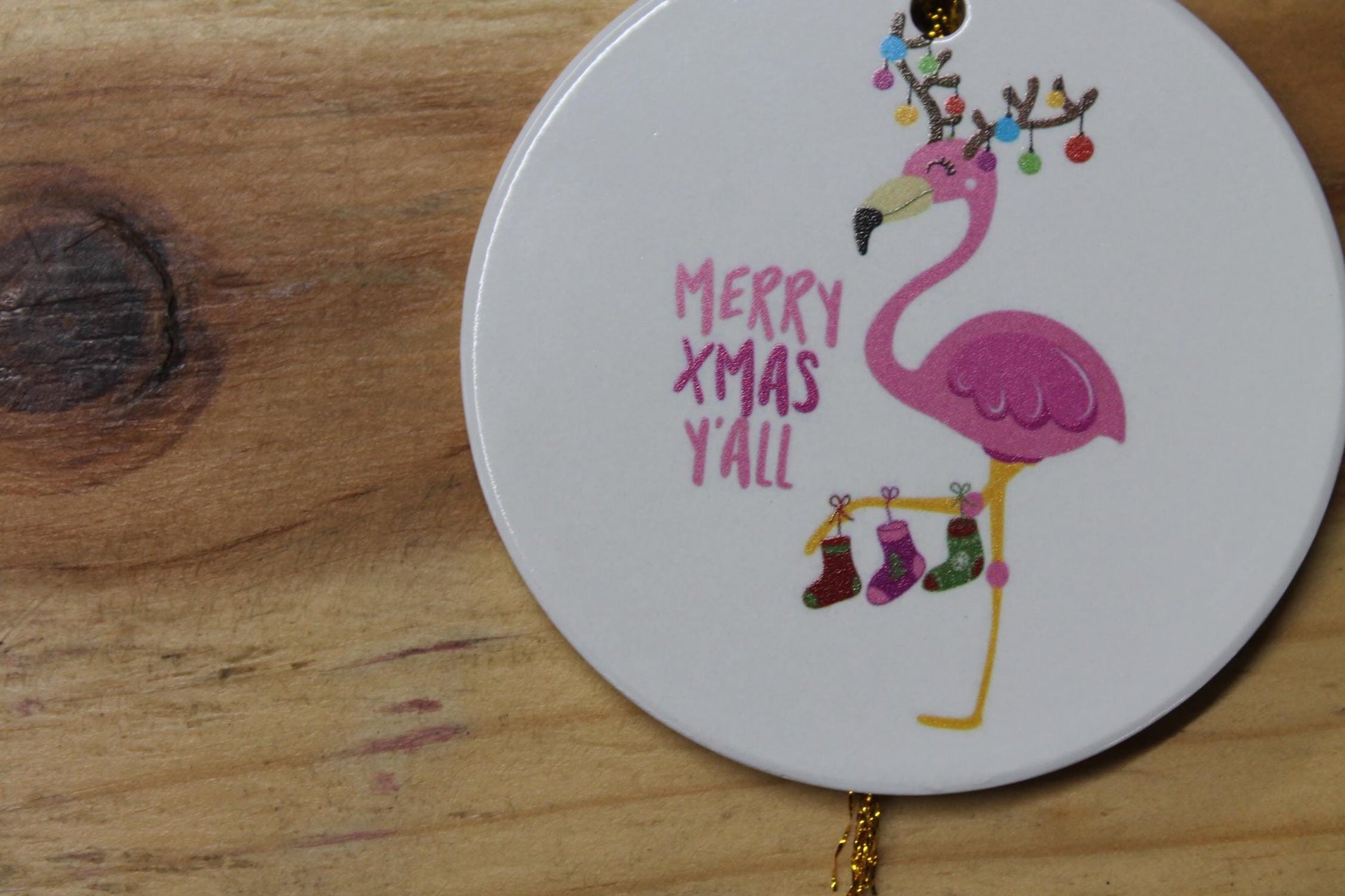 Merry XMas Yall Flamingo Holiday Ceramic Christmas tree Decoration Animal Ornament Decor Circle Gift Hanging Circle Bird Beach Bird Ocean