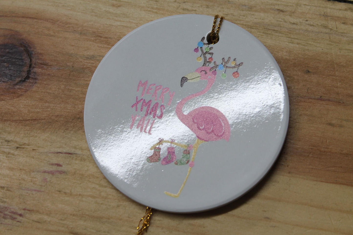 Merry XMas Yall Flamingo Holiday Ceramic Christmas tree Decoration Animal Ornament Decor Circle Gift Hanging Circle Bird Beach Bird Ocean