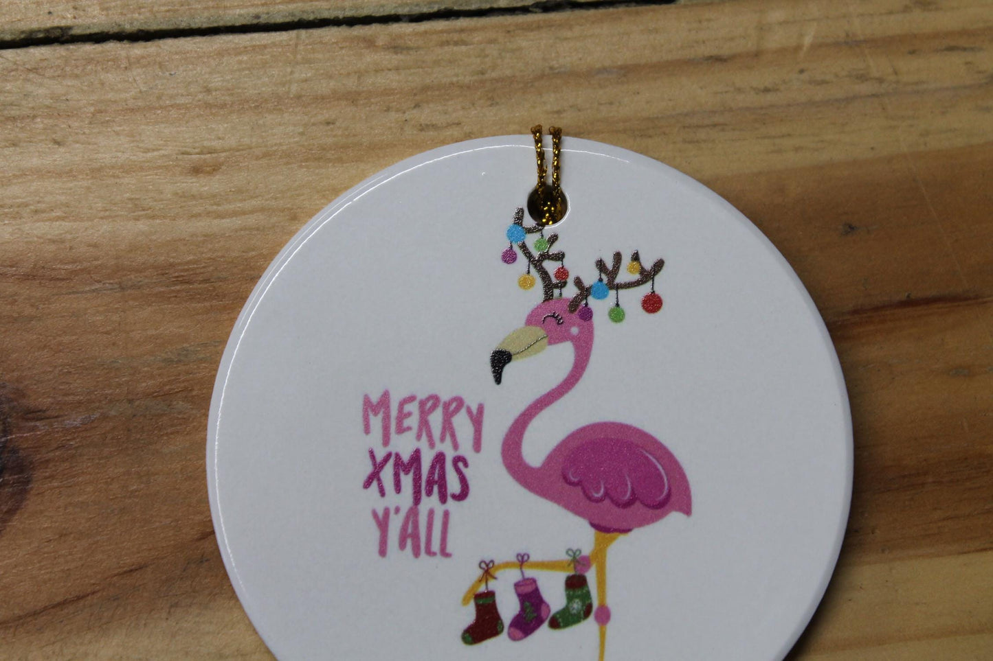 Merry XMas Yall Flamingo Holiday Ceramic Christmas tree Decoration Animal Ornament Decor Circle Gift Hanging Circle Bird Beach Bird Ocean