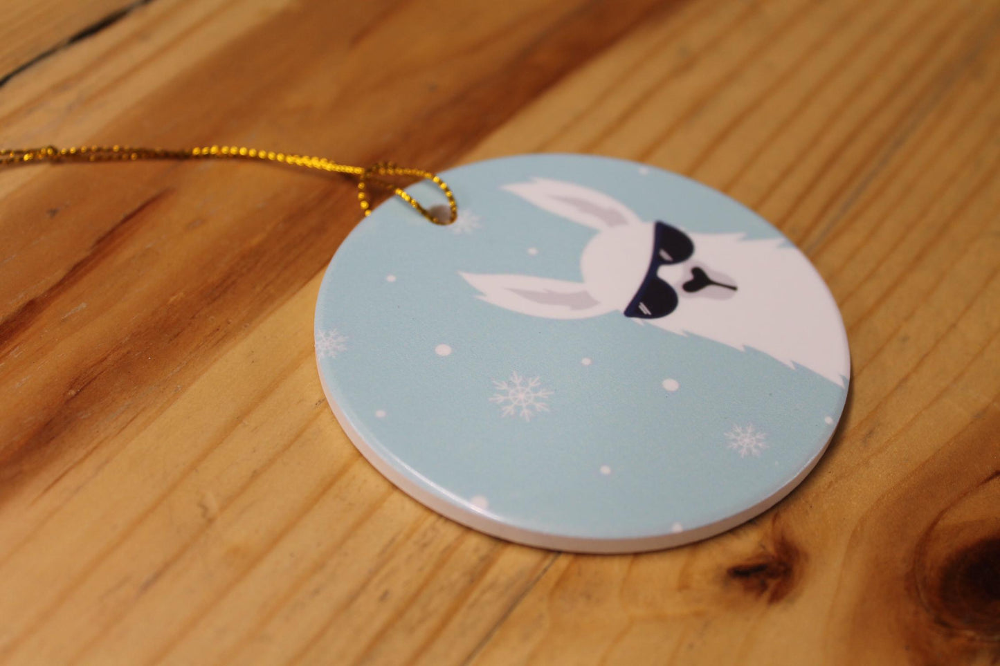 Cool Llama Baby Holiday Ceramic Christmas tree Decoration Animal Ornament Decor Circle Sign Gift Cute Winter Hanging Circle Blue Sunglasses
