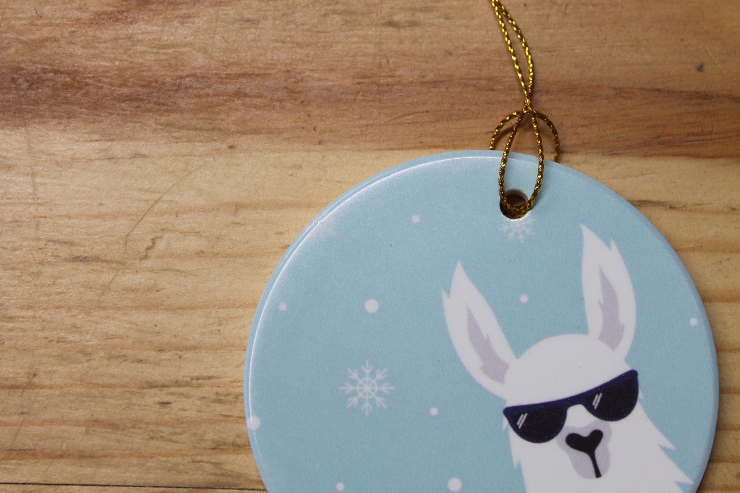 Cool Llama Baby Holiday Ceramic Christmas tree Decoration Animal Ornament Decor Circle Sign Gift Cute Winter Hanging Circle Blue Sunglasses