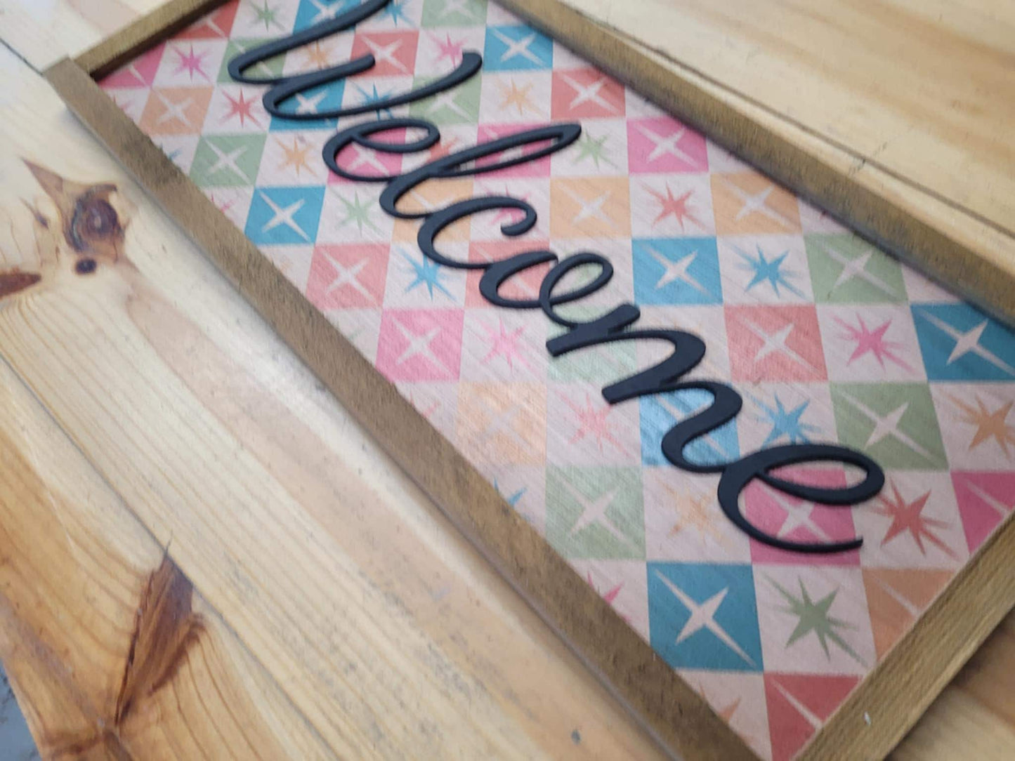 Welcome Wood Sign UV Ink 3D Raised Text Pink and Orange Font Script Homey Country Sign Farmhouse Rustic Primitive Framed Housewarming Gift