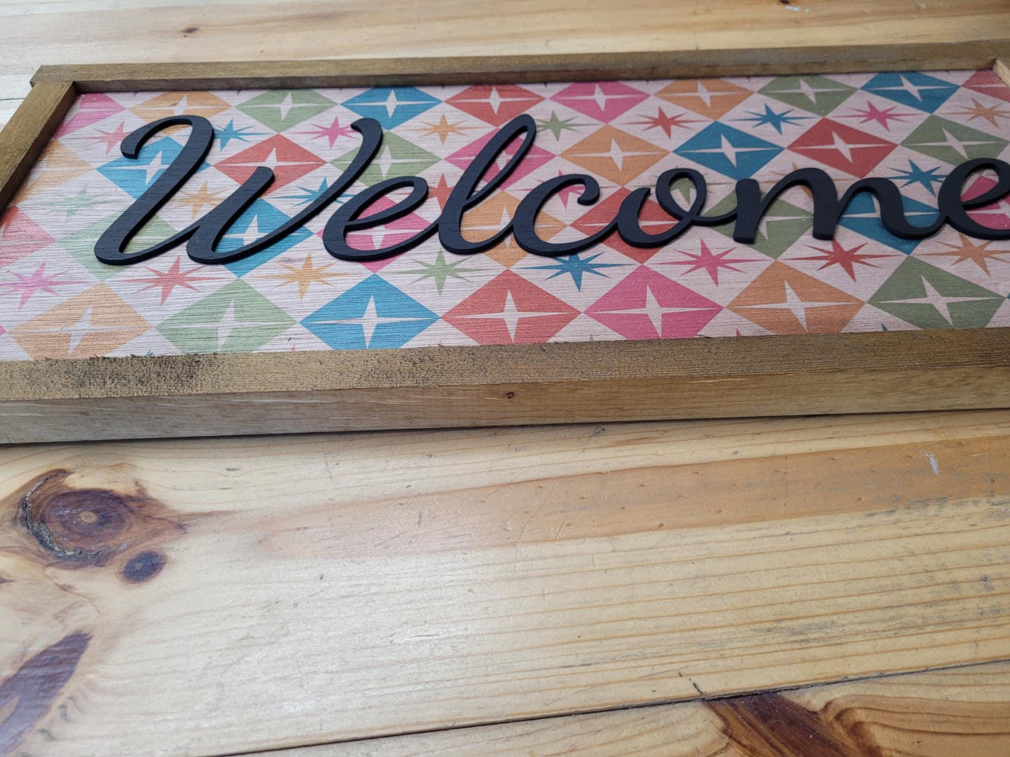 Welcome Wood Sign UV Ink 3D Raised Text Pink and Orange Font Script Homey Country Sign Farmhouse Rustic Primitive Framed Housewarming Gift