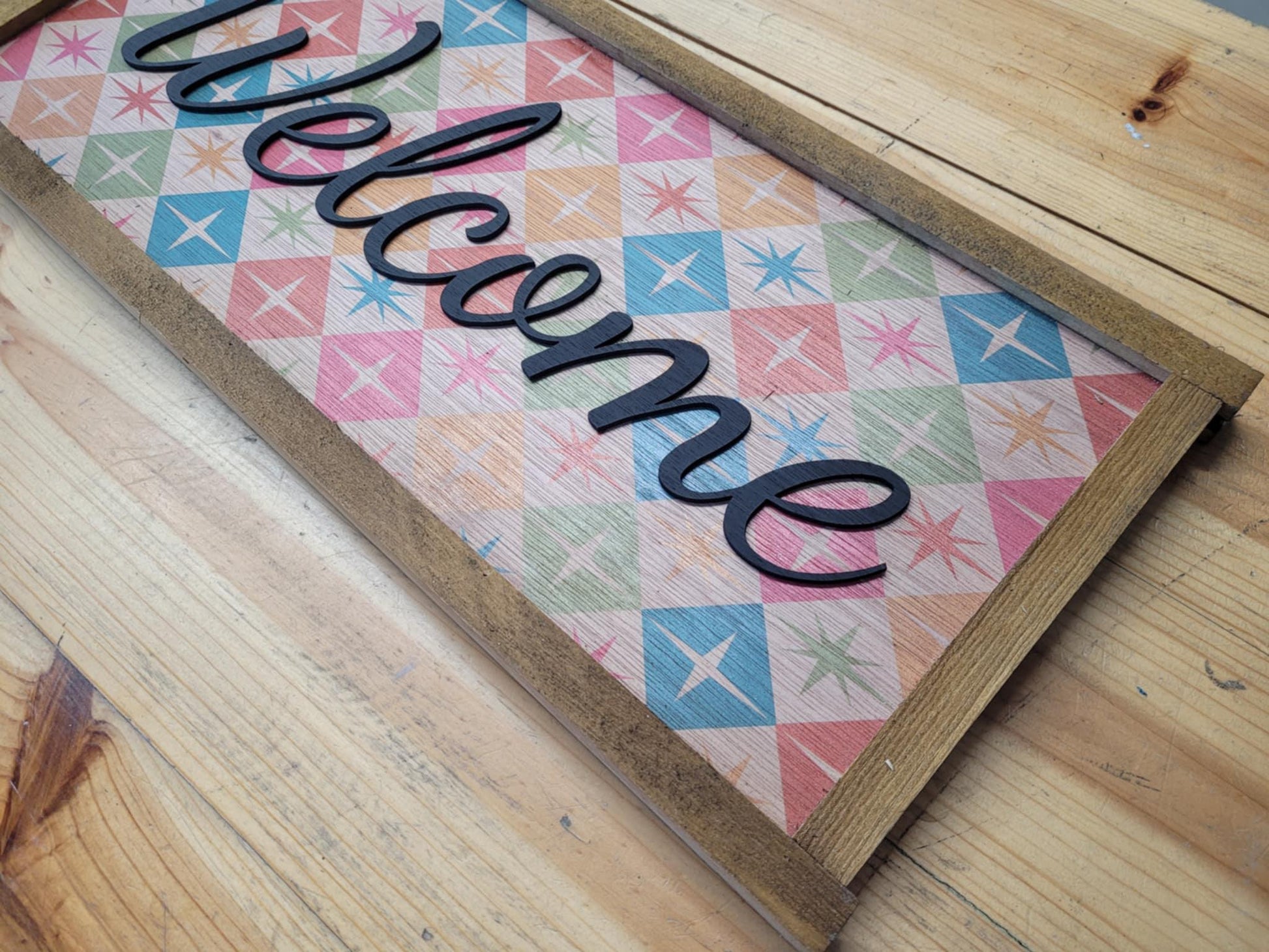 Welcome Wood Sign UV Ink 3D Raised Text Pink and Orange Font Script Homey Country Sign Farmhouse Rustic Primitive Framed Housewarming Gift