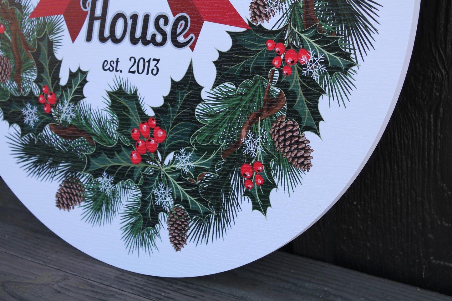 Custom Wreath Holiday Family Bow House Warming Weatherproof pvc Sign Textured Personalized Round Circle Signage hanging wall mounted