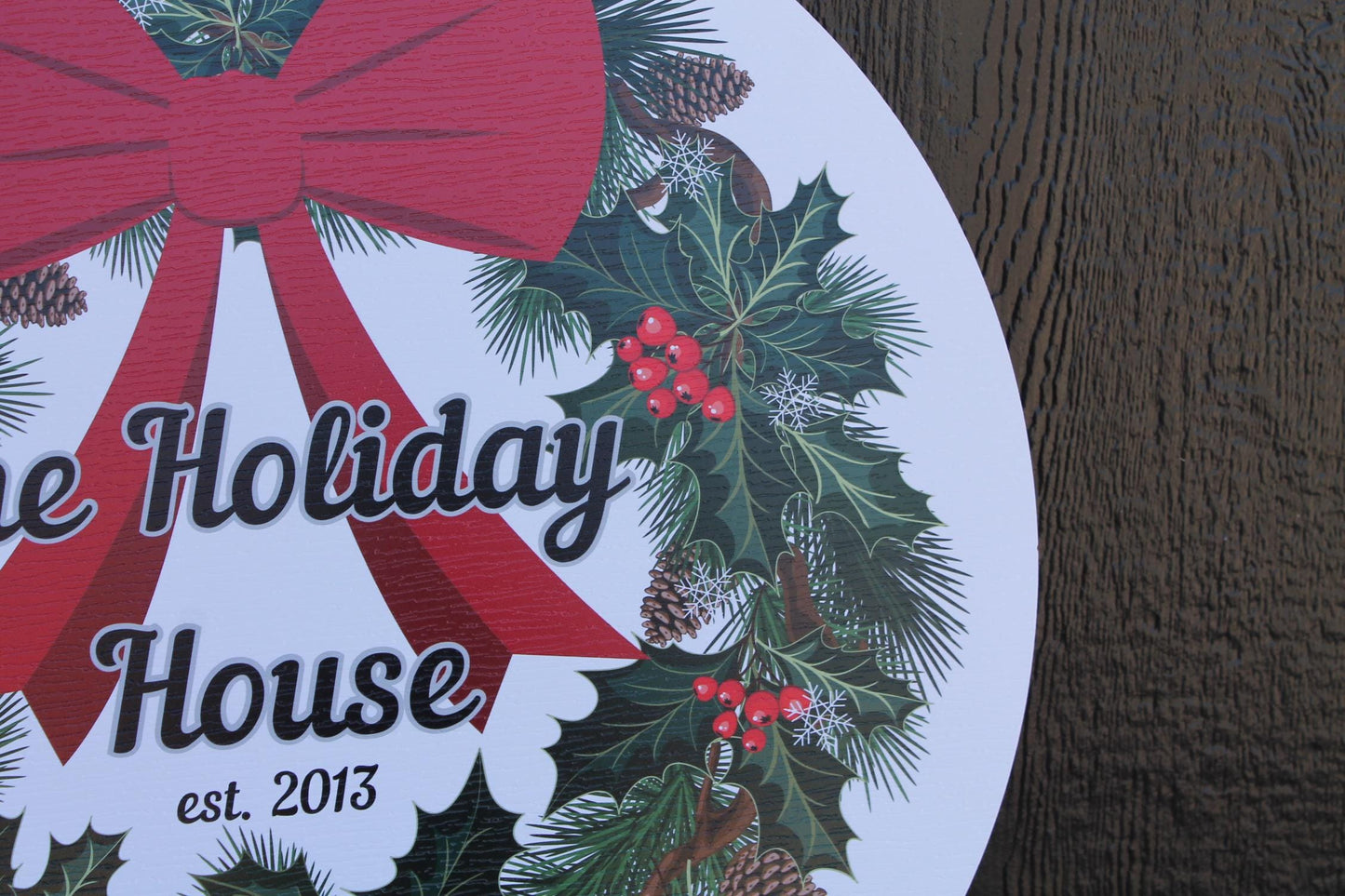 Custom Wreath Holiday Family Bow House Warming Weatherproof pvc Sign Textured Personalized Round Circle Signage hanging wall mounted