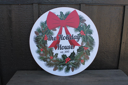 Custom Wreath Holiday Family Bow House Warming Weatherproof pvc Sign Textured Personalized Round Circle Signage hanging wall mounted