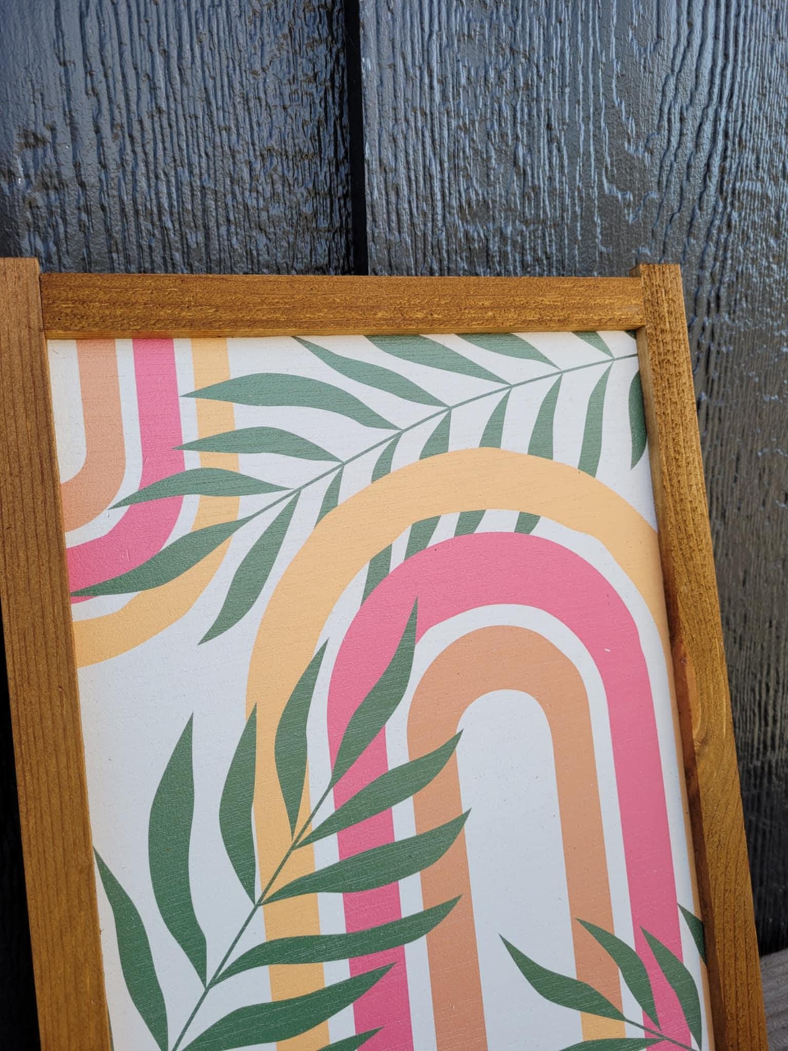Rainbow Leaf Jungle Wood Sign UV Framed Cute Colorful Pink Minimalistic Country Cottagecore Primitive Framed Wall Hanging Porch Decor