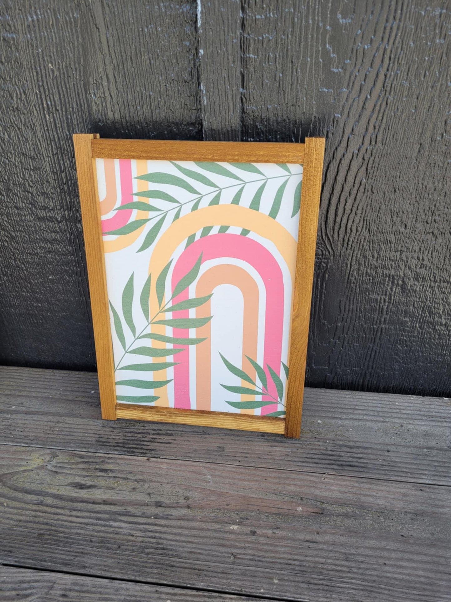 Rainbow Leaf Jungle Wood Sign UV Framed Cute Colorful Pink Minimalistic Country Cottagecore Primitive Framed Wall Hanging Porch Decor
