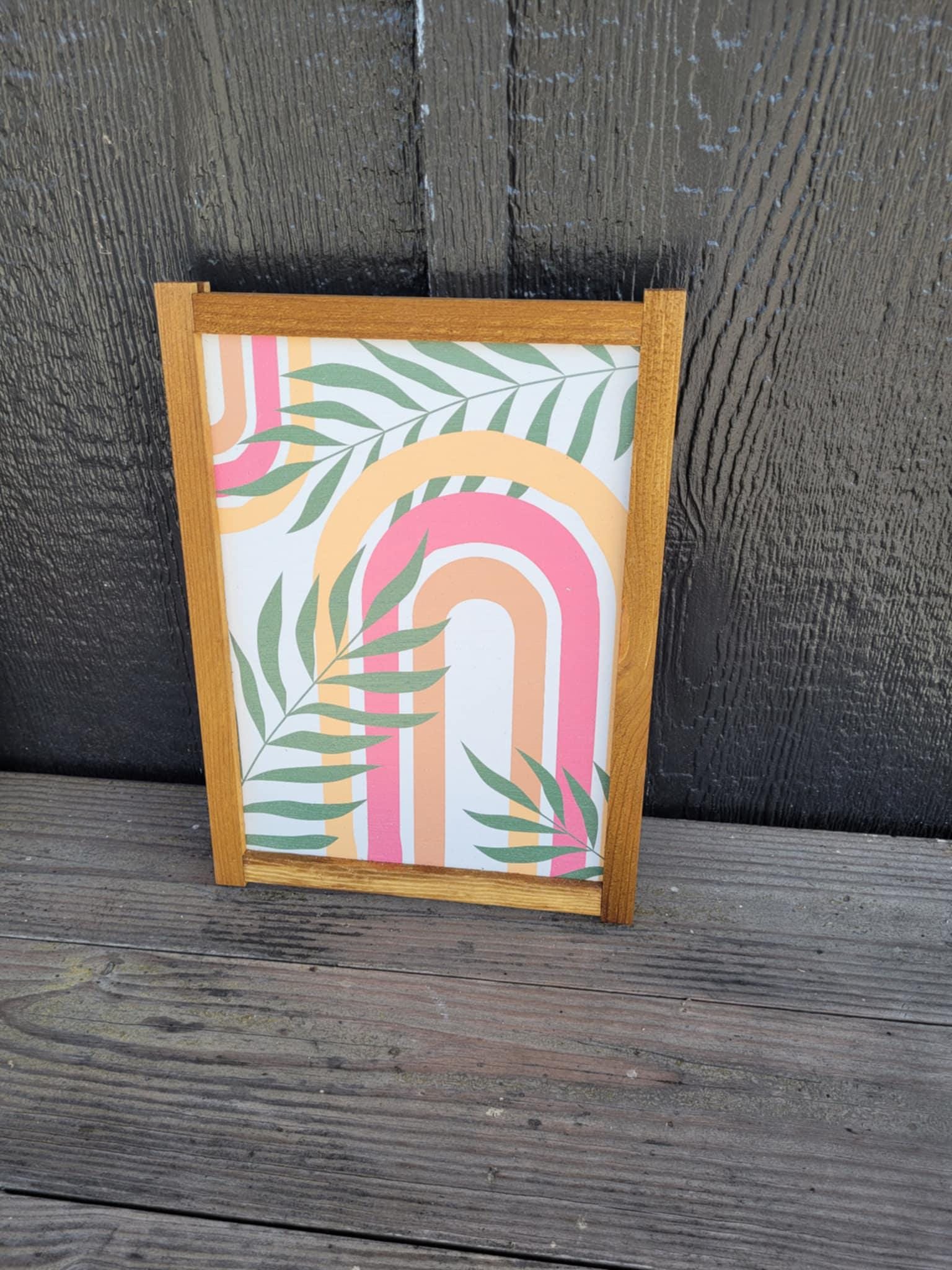 Rainbow Leaf Jungle Wood Sign UV Framed Cute Colorful Pink Minimalistic Country Cottagecore Primitive Framed Wall Hanging Porch Decor