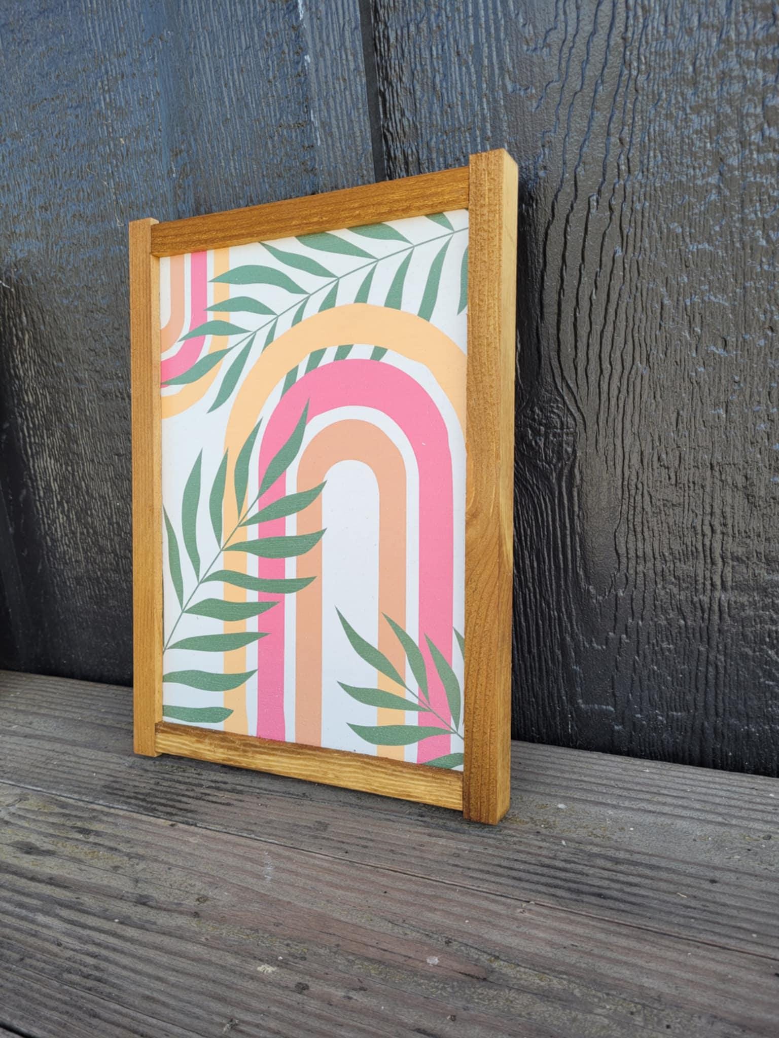 Rainbow Leaf Jungle Wood Sign UV Framed Cute Colorful Pink Minimalistic Country Cottagecore Primitive Framed Wall Hanging Porch Decor
