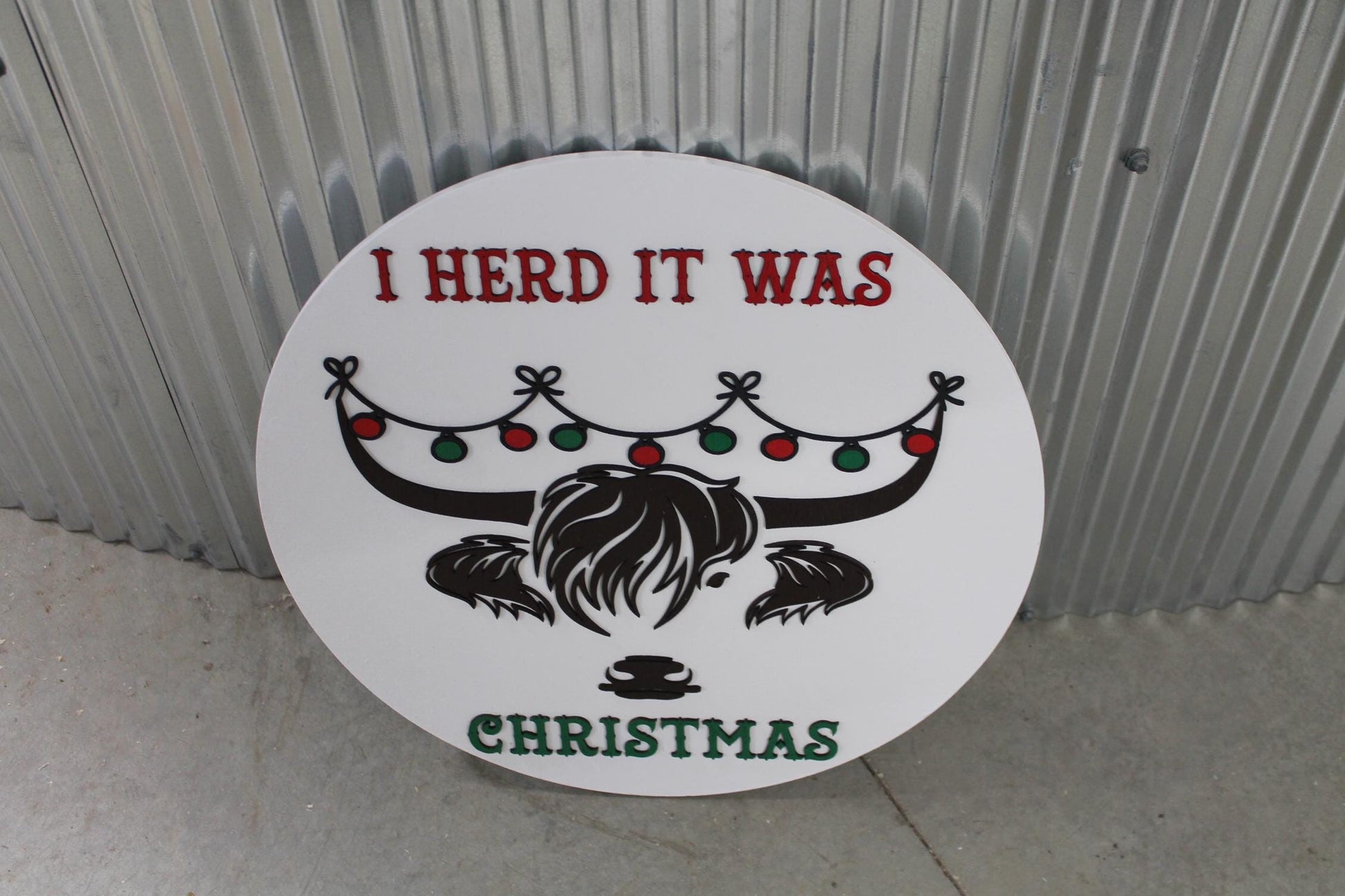 I Herd It Was Christmas Highland Cow Heifer Holiday Festive Fluffy Ornament Large Circle gift Round 3D Raised Cute Laser Cut wood Sign Decor