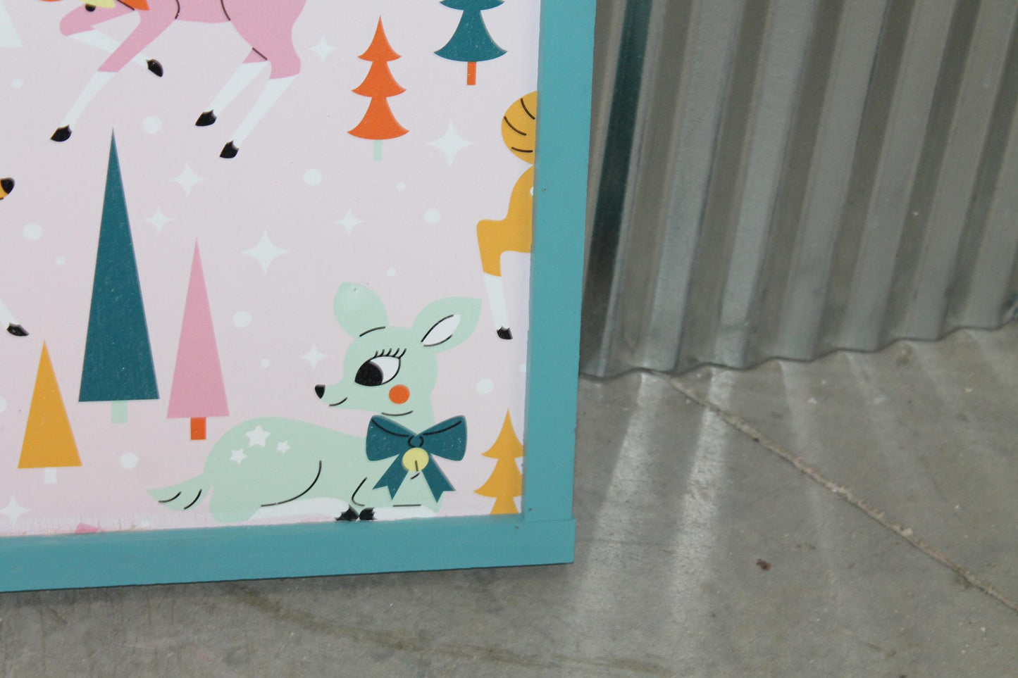 Christmas Reindeer Colorful Festive Holiday Hanging Decorative UV Wood Sign Cute Silly Signage Framed simple design pretty square Decor