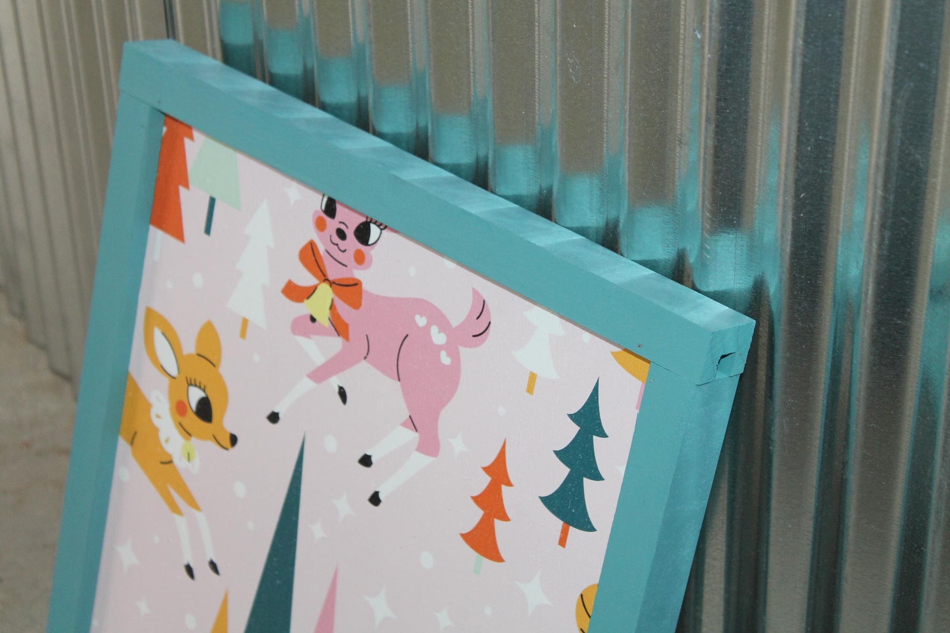 Christmas Reindeer Colorful Festive Holiday Hanging Decorative UV Wood Sign Cute Silly Signage Framed simple design pretty square Decor