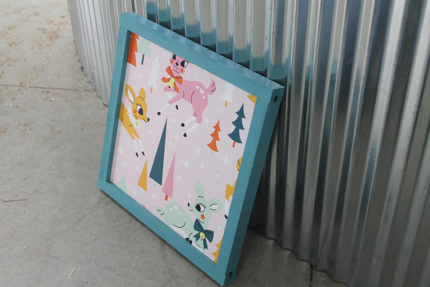 Christmas Reindeer Colorful Festive Holiday Hanging Decorative UV Wood Sign Cute Silly Signage Framed simple design pretty square Decor