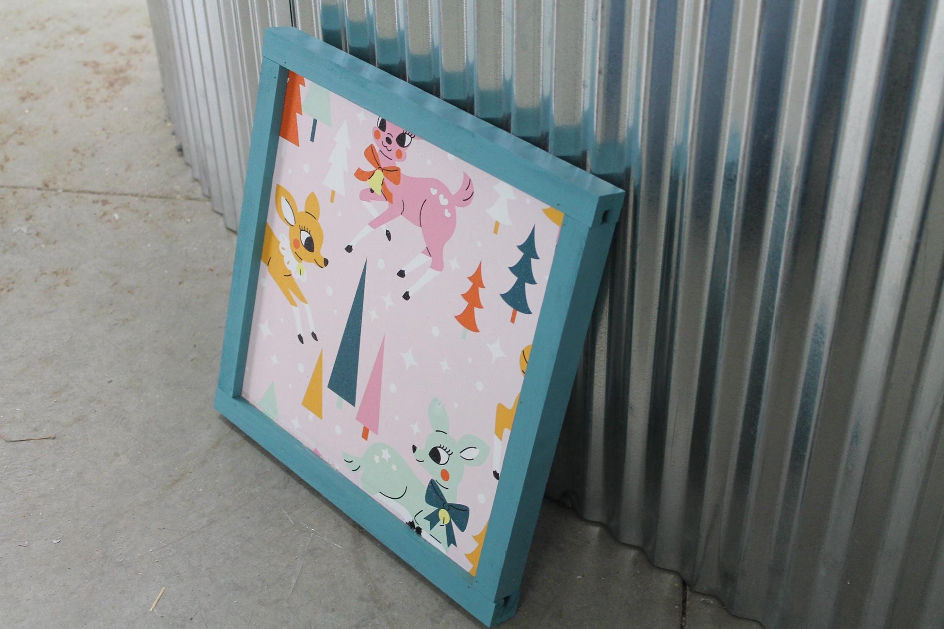 Christmas Reindeer Colorful Festive Holiday Hanging Decorative UV Wood Sign Cute Silly Signage Framed simple design pretty square Decor