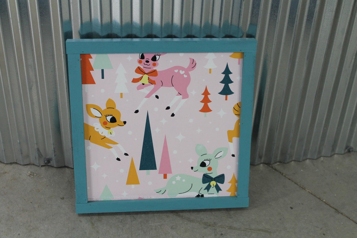 Christmas Reindeer Colorful Festive Holiday Hanging Decorative UV Wood Sign Cute Silly Signage Framed simple design pretty square Decor