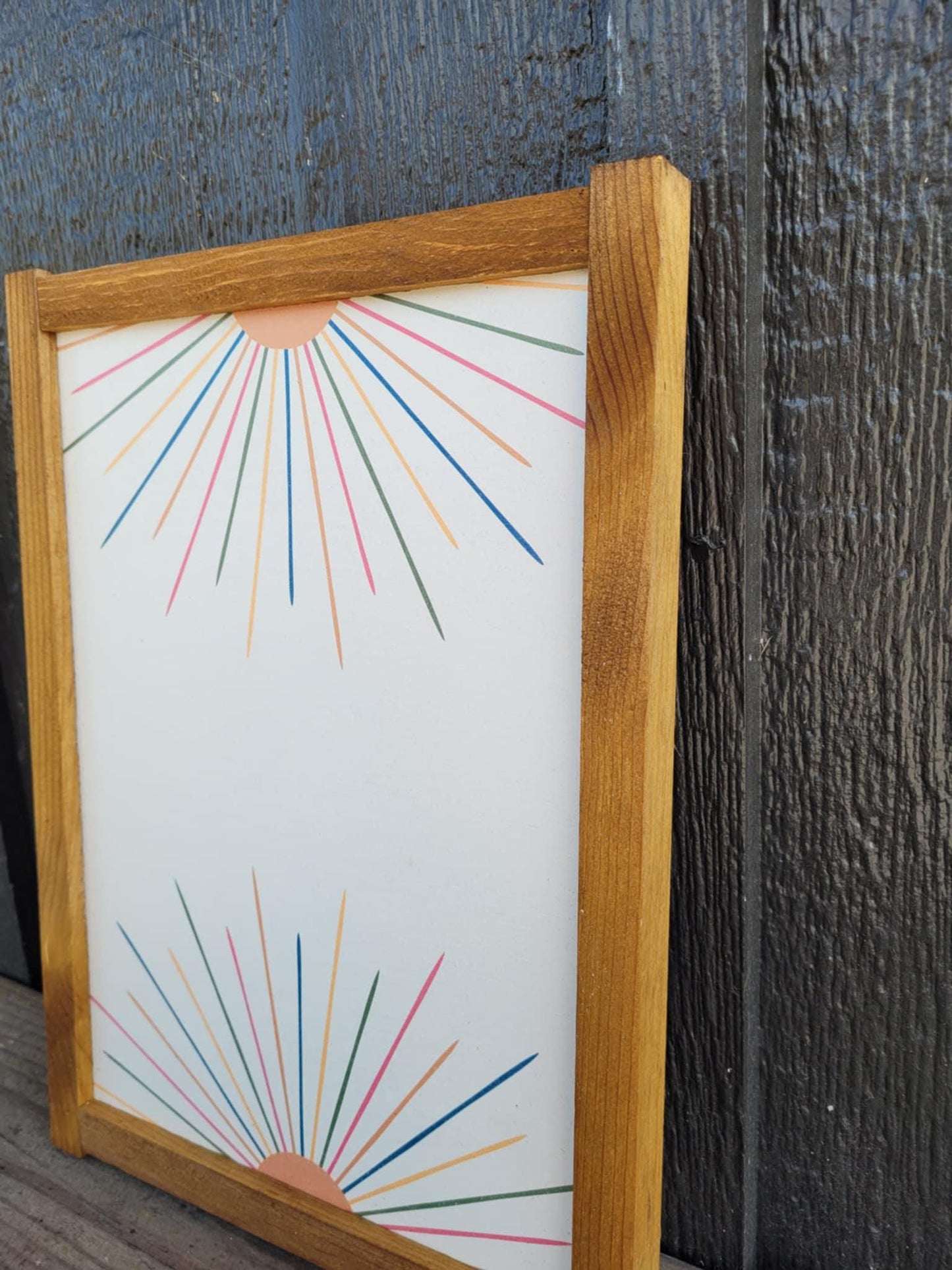 Rainbow Sun Wood Sign UV Framed Cute Colorful Pink Minimalistic Country Sunshine Blue Yellow Primitive Framed Wall Hanging Kids Girls Decor