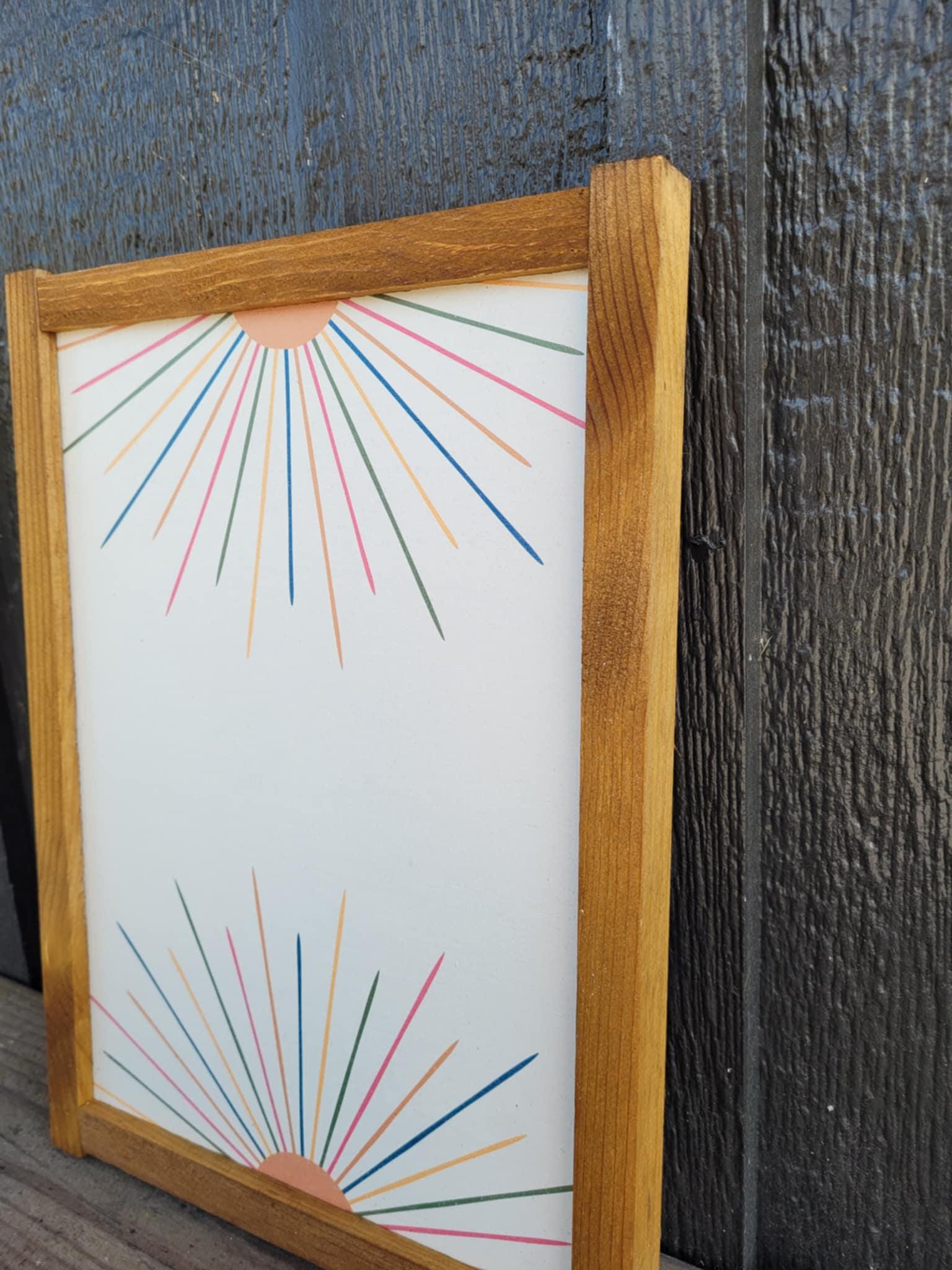 Rainbow Sun Wood Sign UV Framed Cute Colorful Pink Minimalistic Country Sunshine Blue Yellow Primitive Framed Wall Hanging Kids Girls Decor