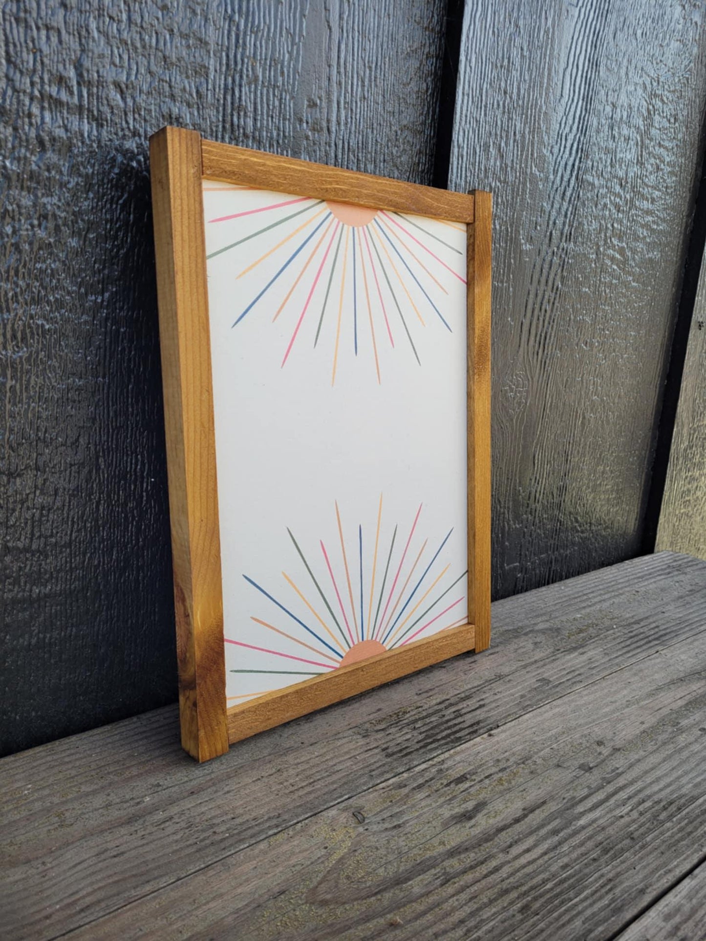 Rainbow Sun Wood Sign UV Framed Cute Colorful Pink Minimalistic Country Sunshine Blue Yellow Primitive Framed Wall Hanging Kids Girls Decor