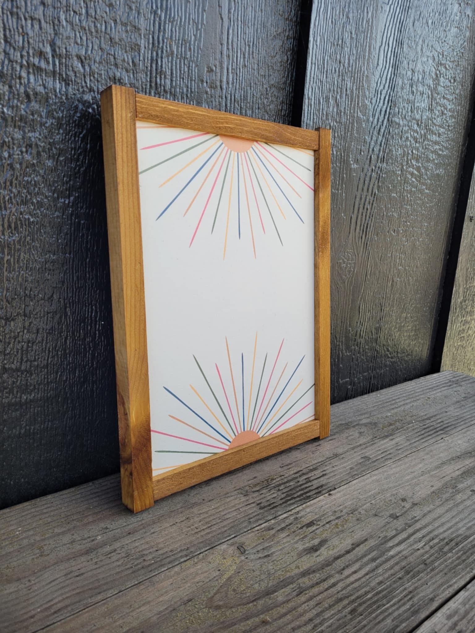 Rainbow Sun Wood Sign UV Framed Cute Colorful Pink Minimalistic Country Sunshine Blue Yellow Primitive Framed Wall Hanging Kids Girls Decor