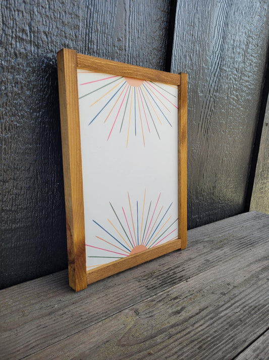 Rainbow Sun Wood Sign UV Framed Cute Colorful Pink Minimalistic Country Sunshine Blue Yellow Primitive Framed Wall Hanging Kids Girls Decor