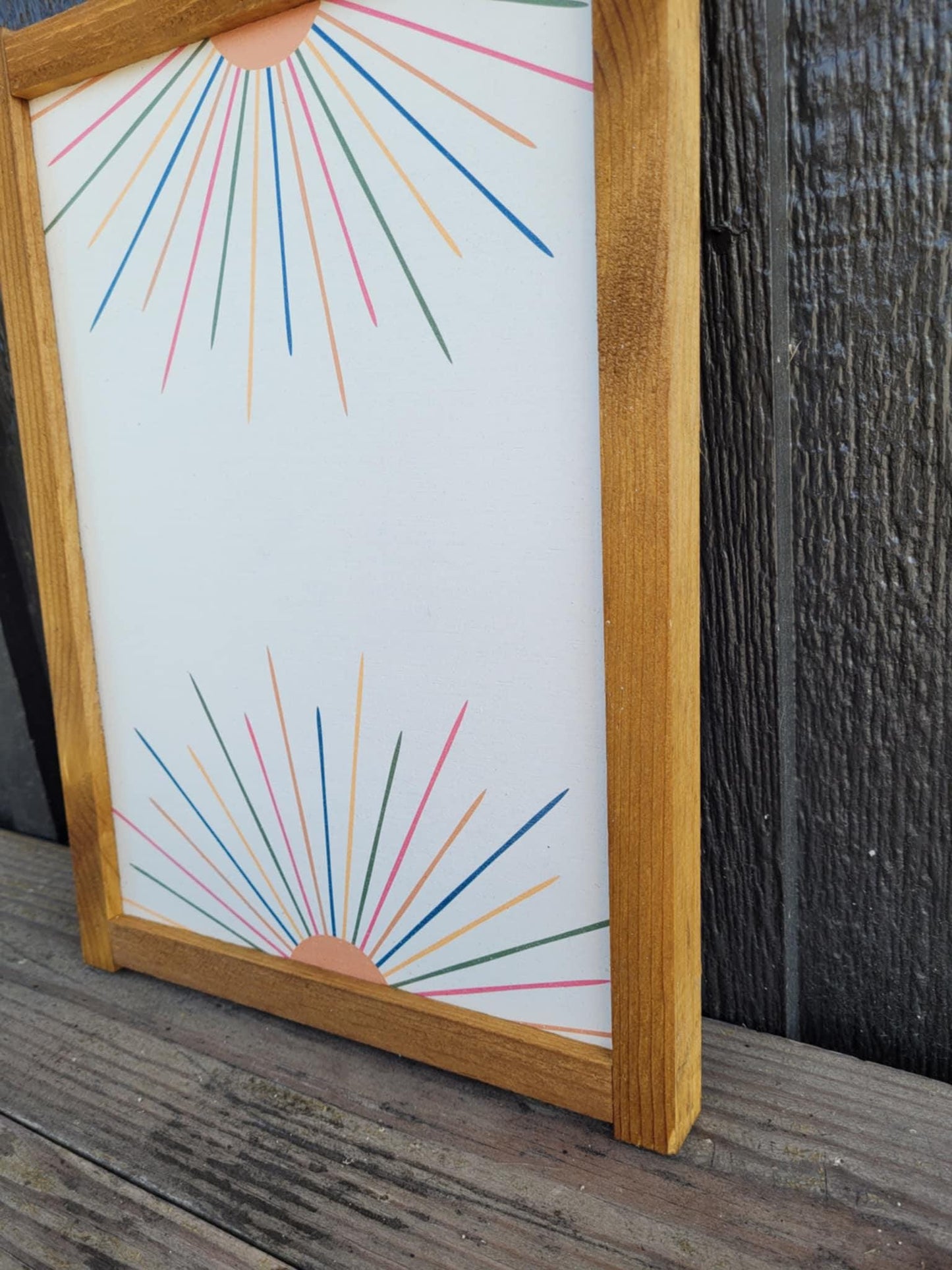 Rainbow Sun Wood Sign UV Framed Cute Colorful Pink Minimalistic Country Sunshine Blue Yellow Primitive Framed Wall Hanging Kids Girls Decor