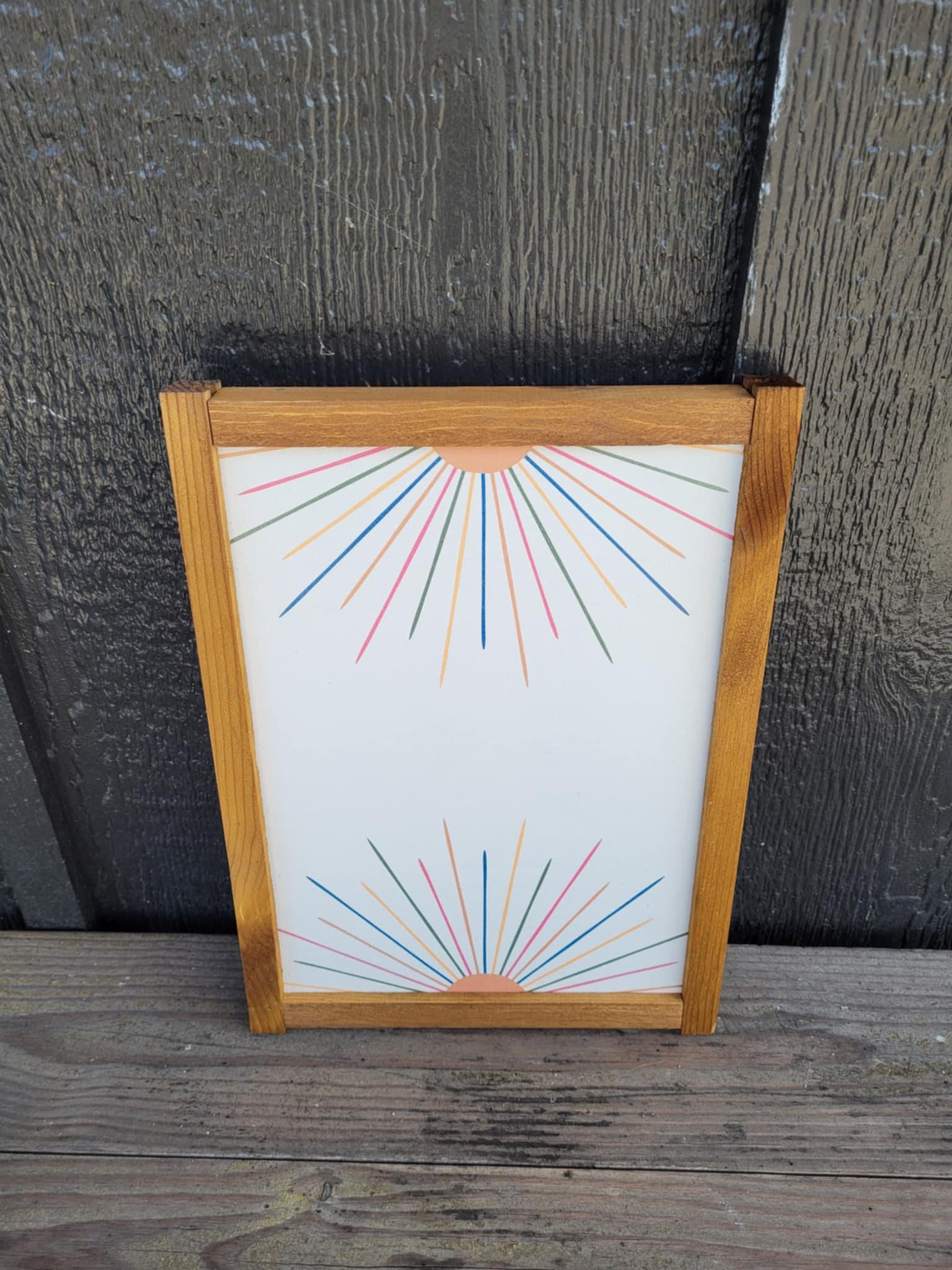 Rainbow Sun Wood Sign UV Framed Cute Colorful Pink Minimalistic Country Sunshine Blue Yellow Primitive Framed Wall Hanging Kids Girls Decor
