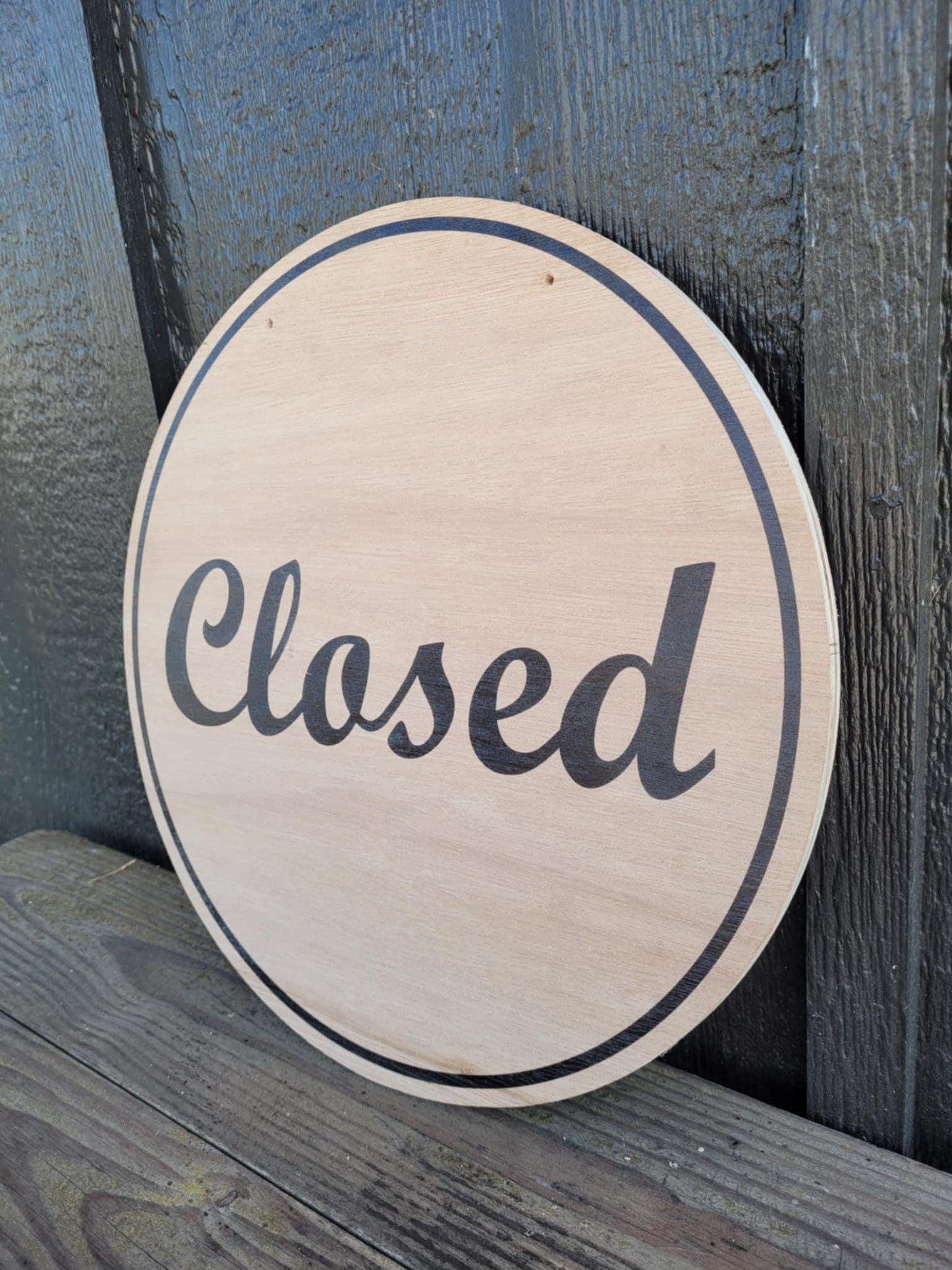 Open Window Hanging Small Business UV Wood Sign Commercial Signage Door Out Front Shop Round Circle Simple Modern Double sided