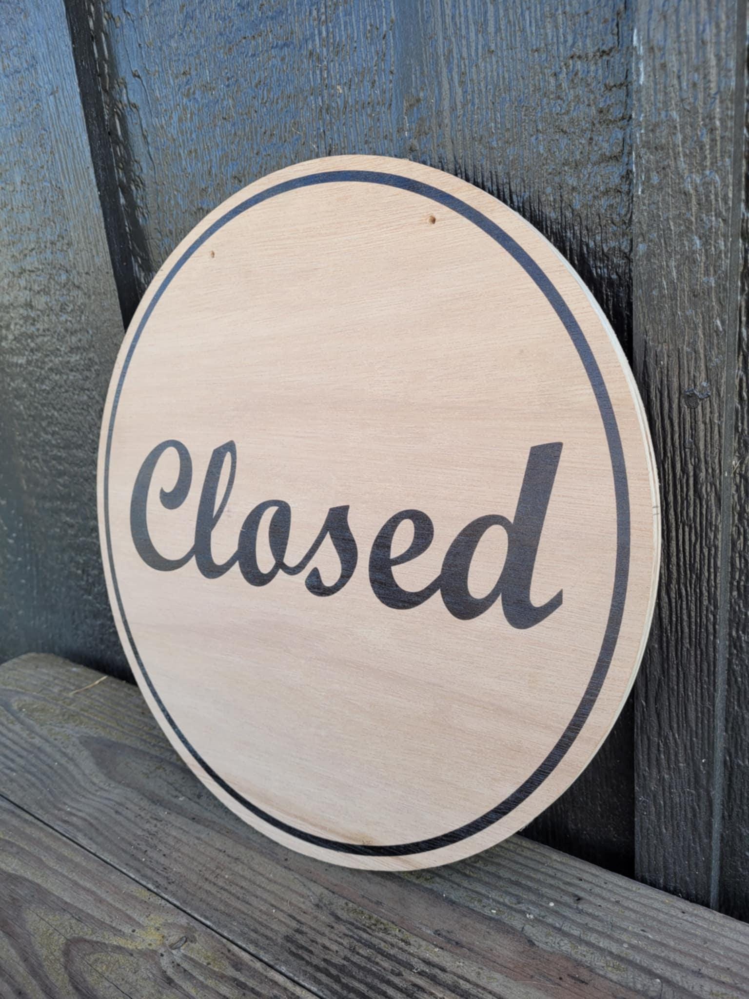 Open Window Hanging Small Business UV Wood Sign Commercial Signage Door Out Front Shop Round Circle Simple Modern Double sided