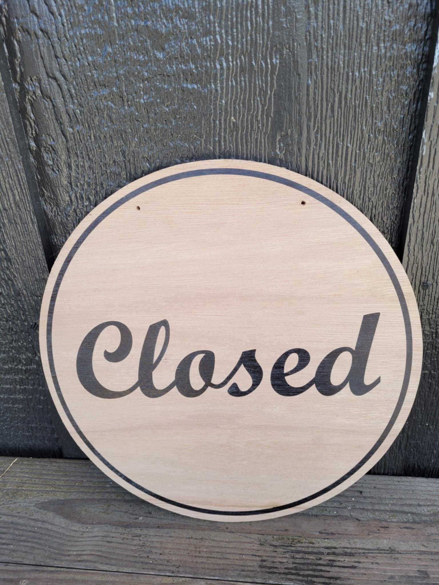 Open Window Hanging Small Business UV Wood Sign Commercial Signage Door Out Front Shop Round Circle Simple Modern Double sided