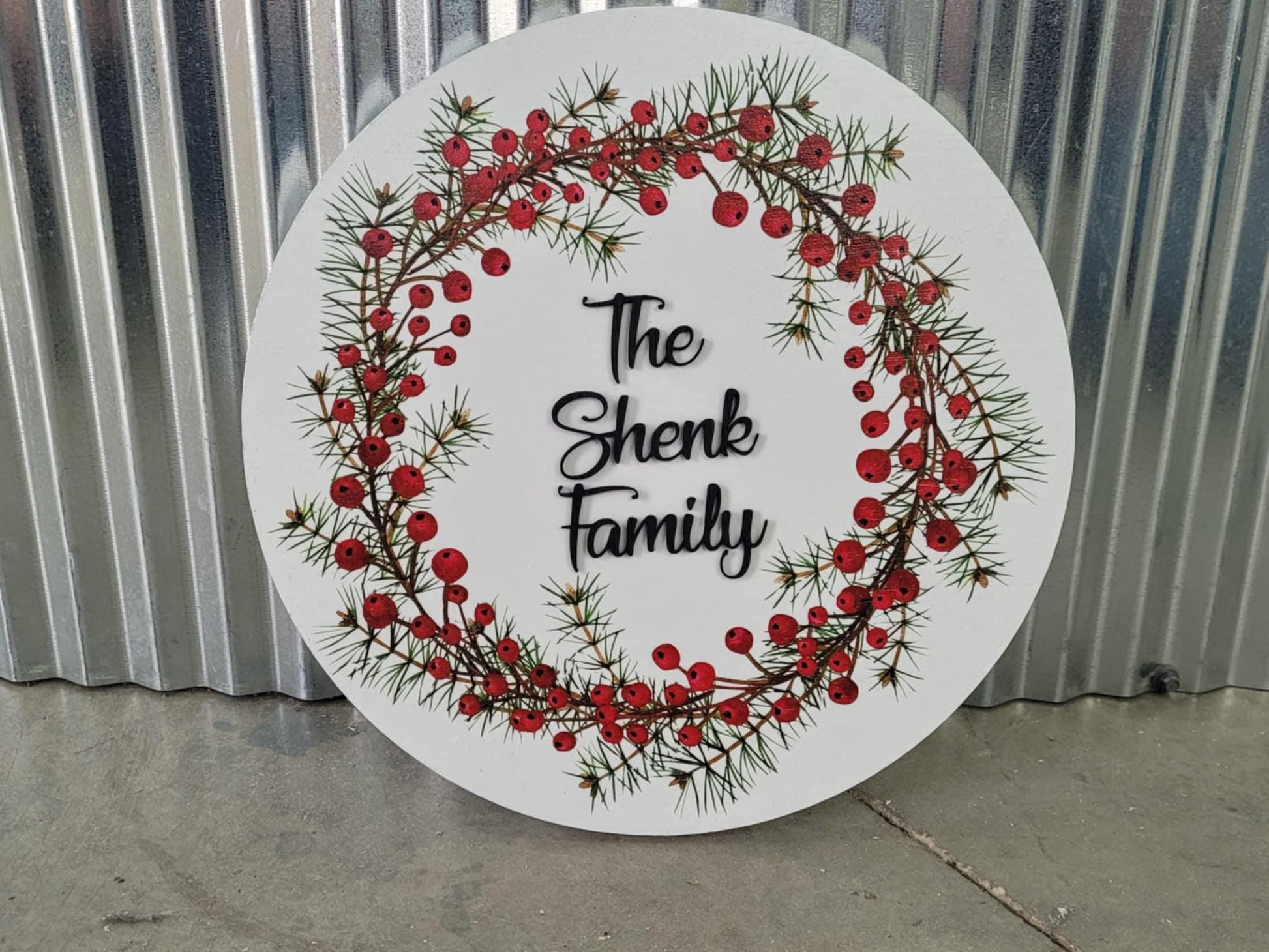 Handmade Custom Wood Sign Your Logo Personalized Hanging Raised Letters Round Printed Image Family Name Berry Christmas Holiday Seasonal