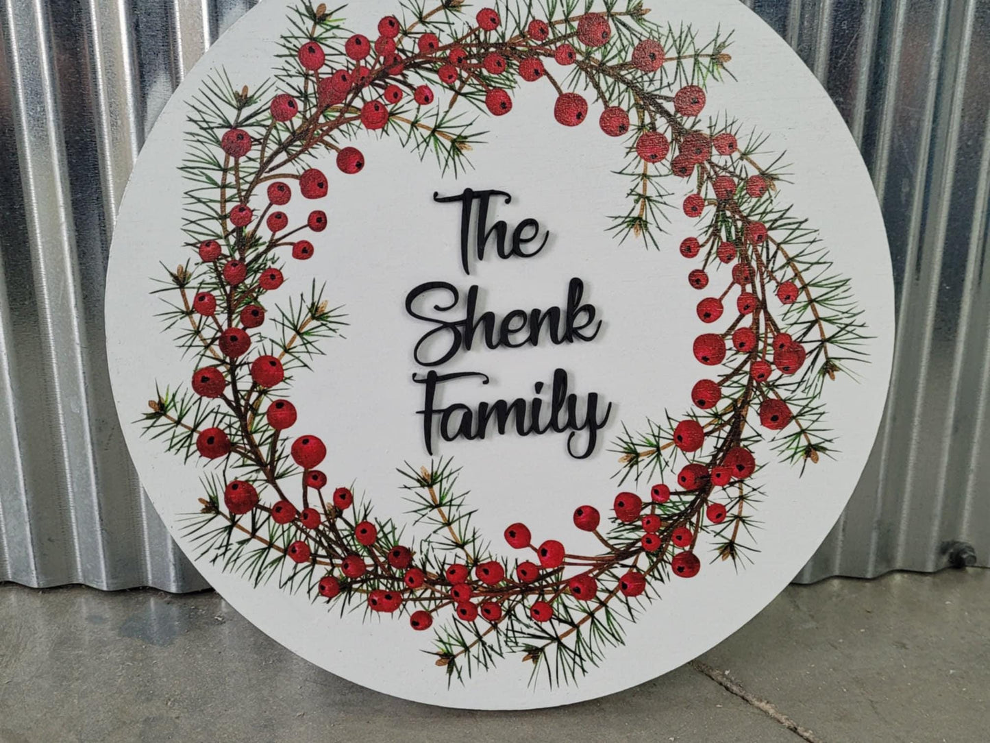 Handmade Custom Wood Sign Your Logo Personalized Hanging Raised Letters Round Printed Image Family Name Berry Christmas Holiday Seasonal