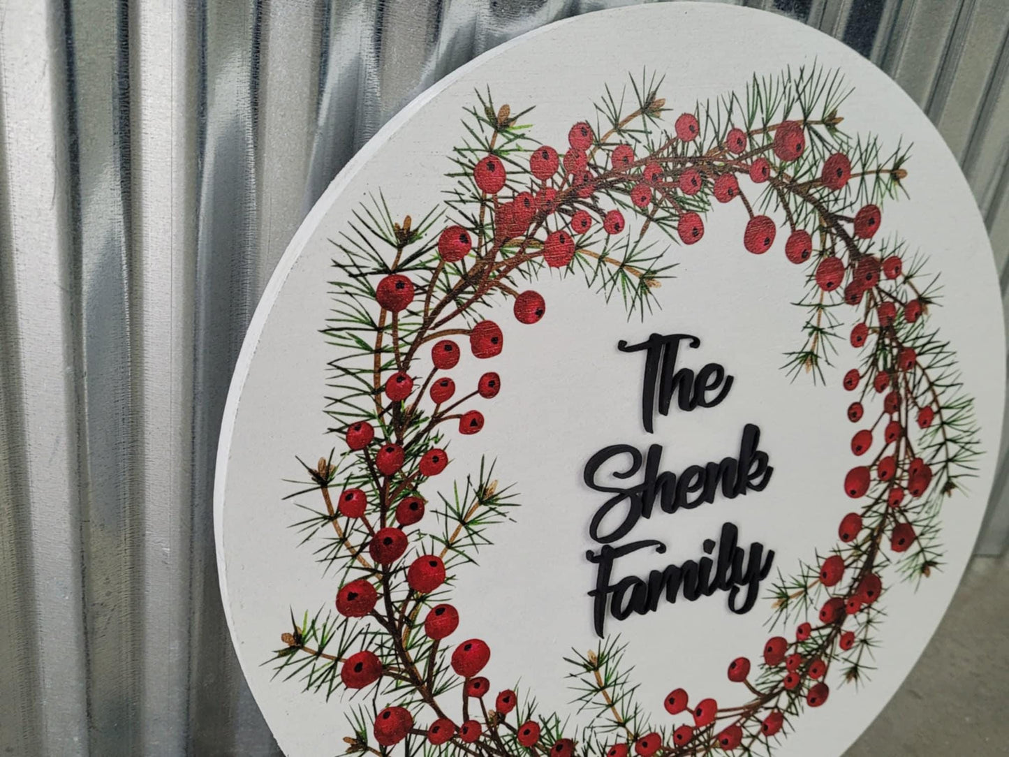 Handmade Custom Wood Sign Your Logo Personalized Hanging Raised Letters Round Printed Image Family Name Berry Christmas Holiday Seasonal